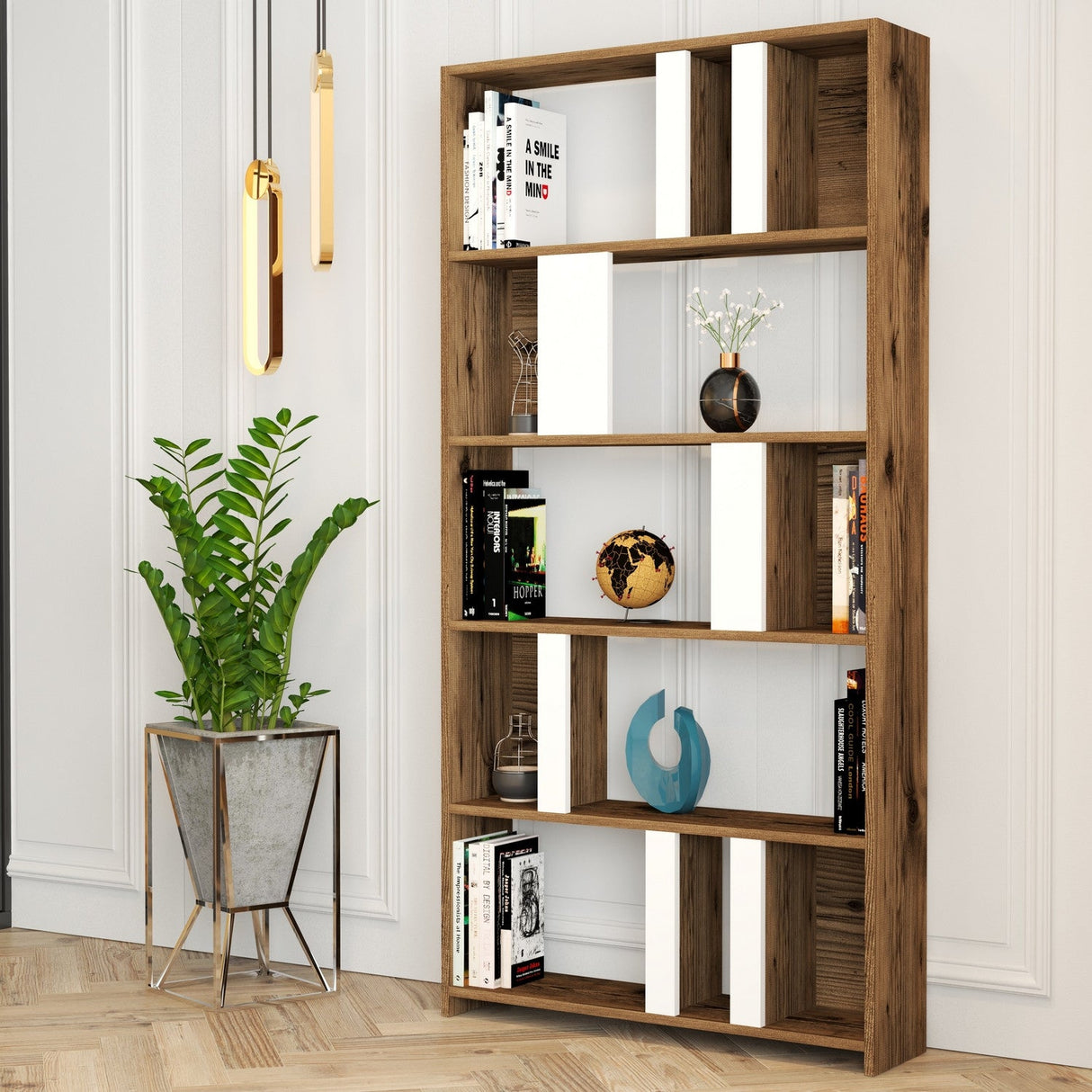 Bibliotecă Lima, Diverse culori, 90x20x180 cm - Nuc - Alb | SKU: 845HCT3642 | Bibliotecă Lima, 90x20x180 cm, varianta Nuc - Alb, produs pentru amenajarea locuinței, disponibil online în România la CasaMob