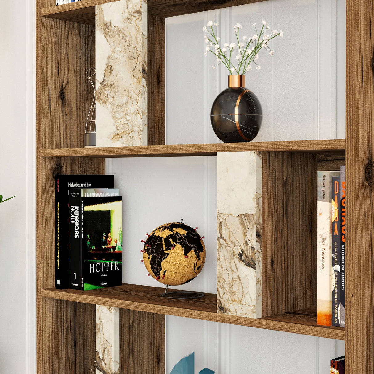Bibliotecă Lima - Walnut, White Marble, Nuc - Alb, 90x20x180 cm
