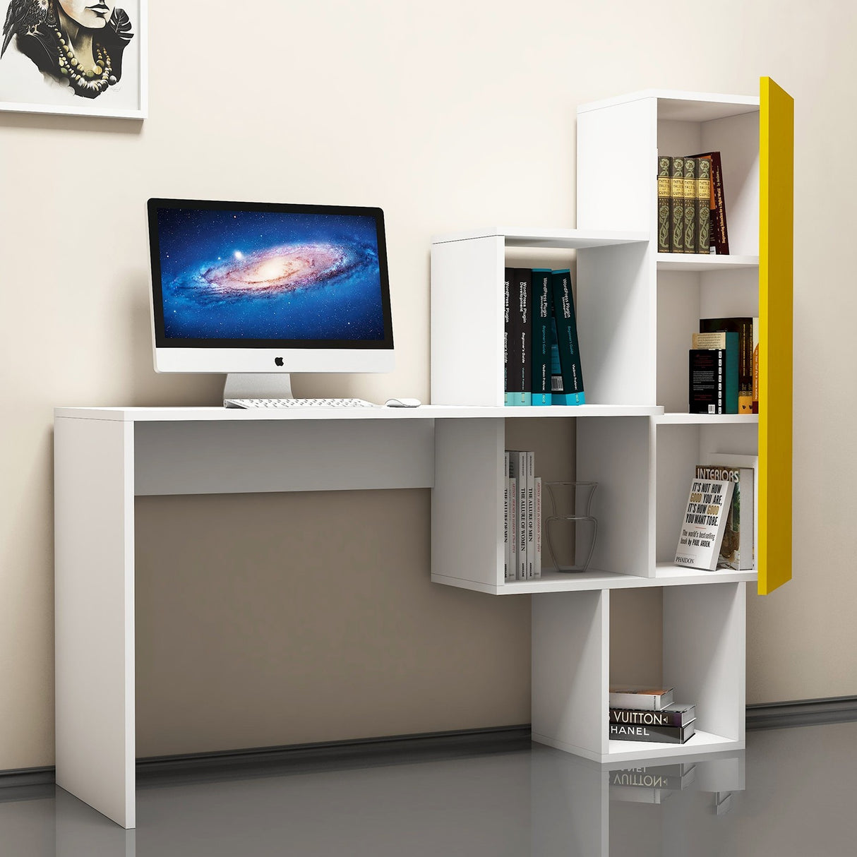Birou Açelya, Diverse culori, 145x45x75 cm - Alb - Galben | SKU: 845HCT3801 | Birou Açelya, 145x45x75 cm, varianta Alb - Galben, produs pentru amenajarea locuinței, disponibil online în România la CasaMob