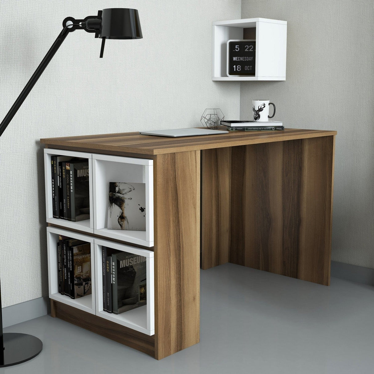 Birou Box, Diverse culori, 120x65x75 cm - Nuc - Alb | SKU: 845HCT3804 | Birou Box, 120x65x75 cm, varianta Nuc - Alb, produs pentru amenajarea locuinței, disponibil online în România la CasaMob