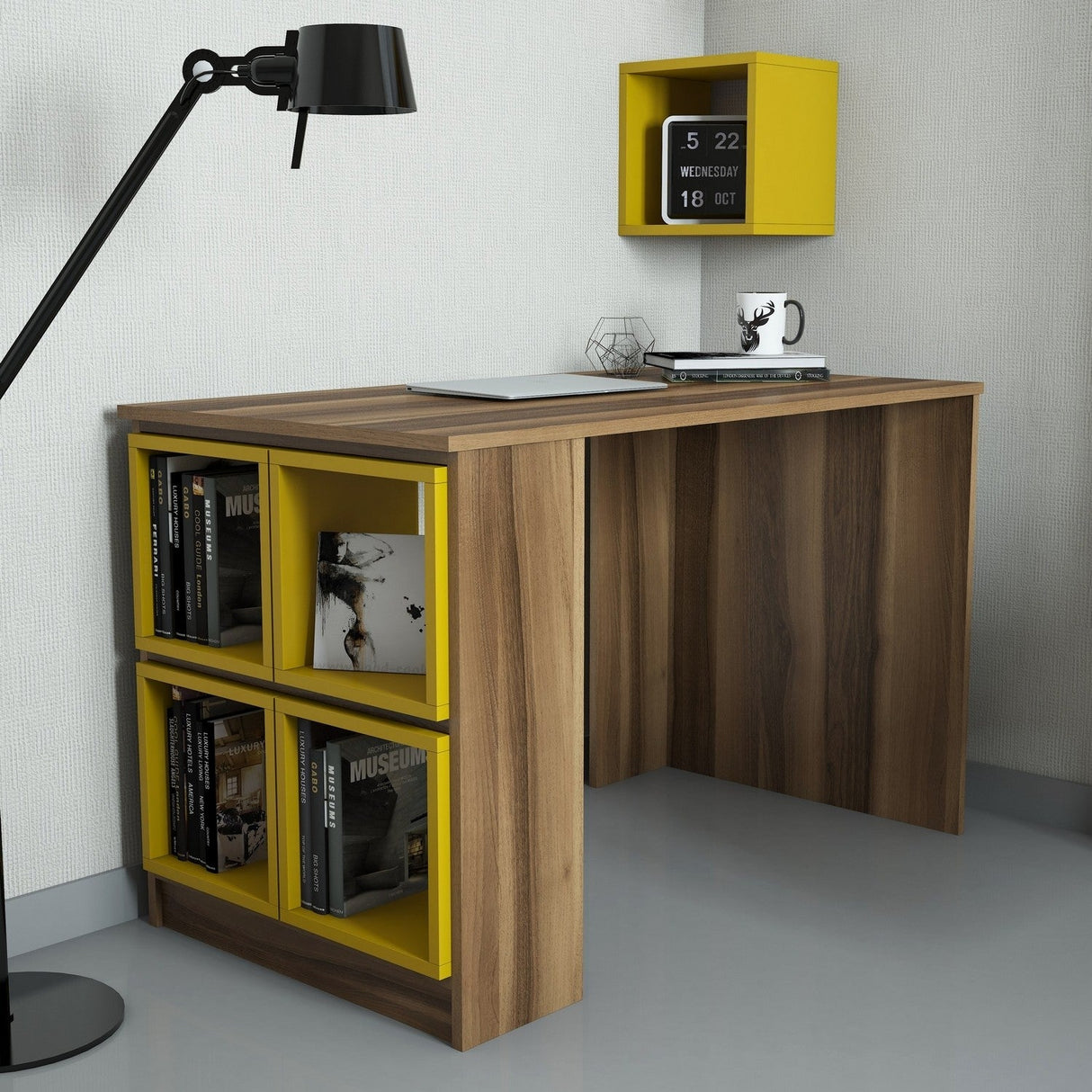 Birou Box, Diverse culori, 120x65x75 cm - Nuc - Galben | SKU: 845HCT3807 | Birou Box, 120x65x75 cm, varianta Nuc - Galben, produs pentru amenajarea locuinței, disponibil online în România la CasaMob