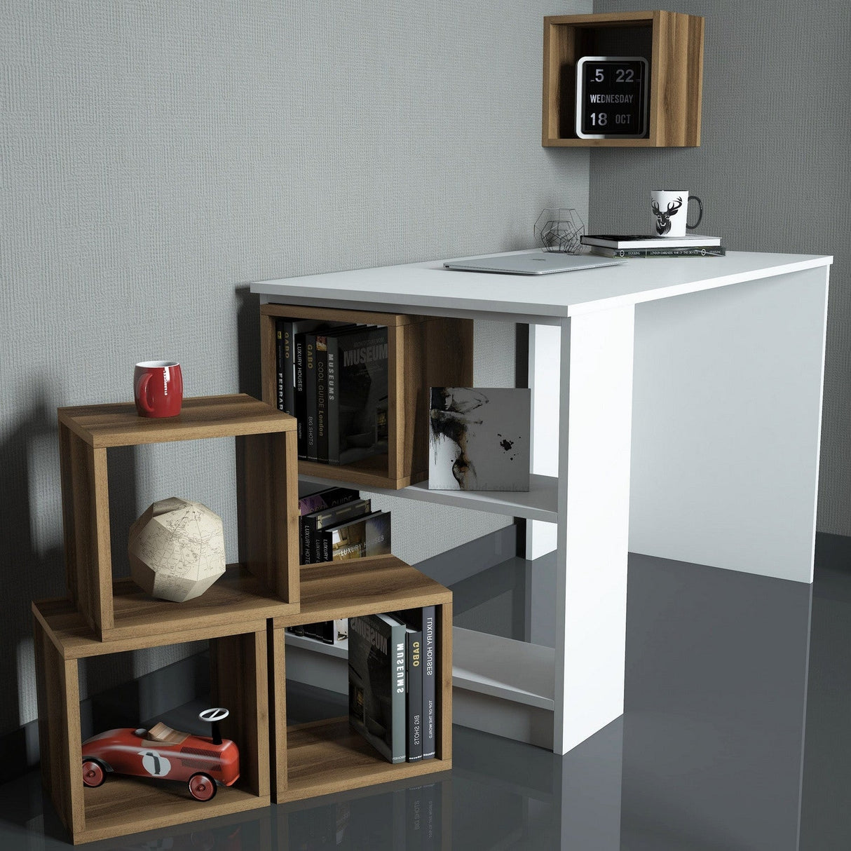 Birou Box, Diverse culori, 120x65x75 cm - Alb - Nuc | SKU: 845HCT3817 | Birou Box, 120x65x75 cm, varianta Alb - Nuc, produs pentru amenajarea locuinței, disponibil online în România la CasaMob