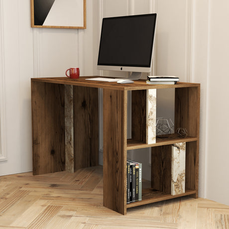 Birou Lima - Walnut, White Marble, Nuc - Alb, 120x60x75 cm