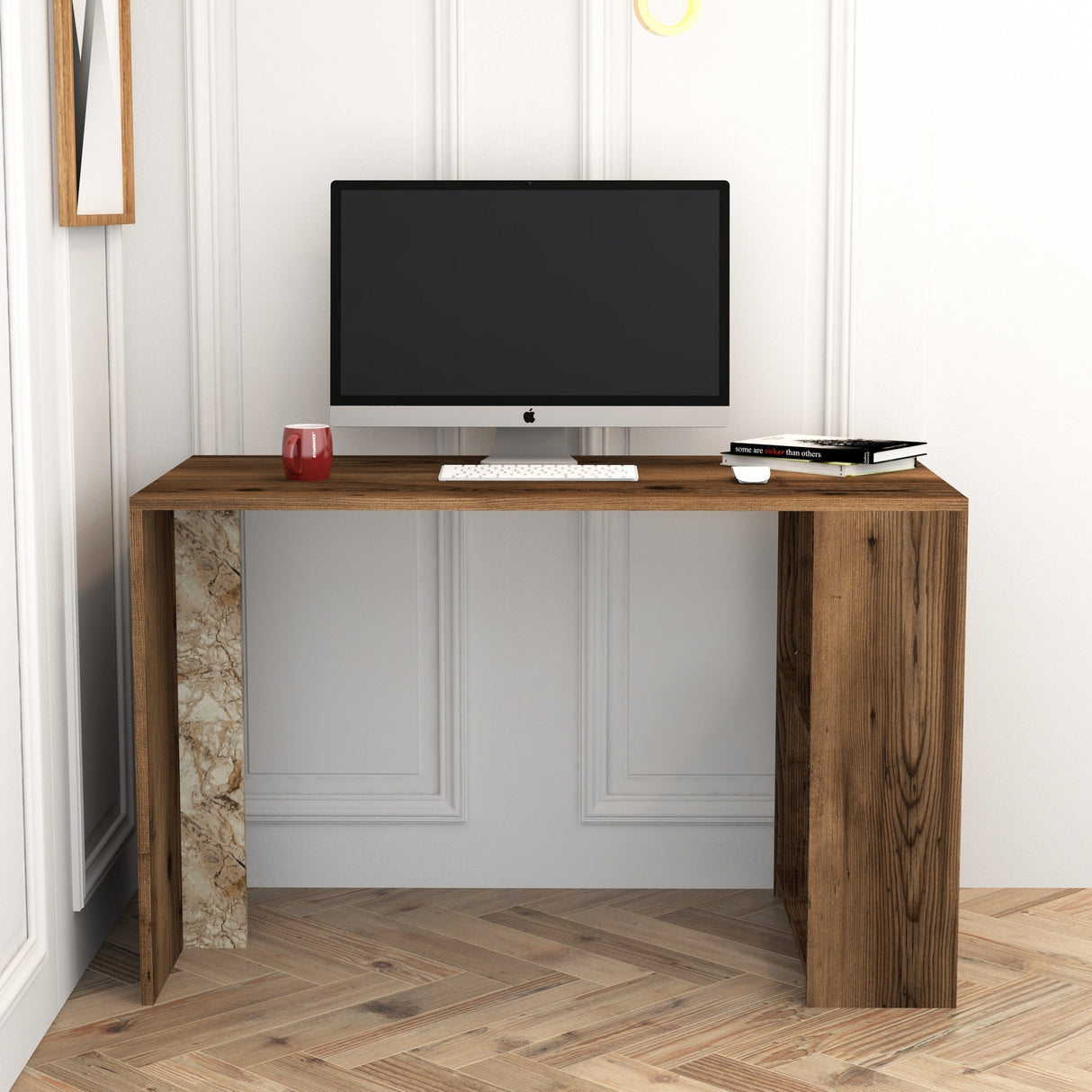 Birou Lima - Walnut, White Marble, Nuc - Alb, 120x60x75 cm