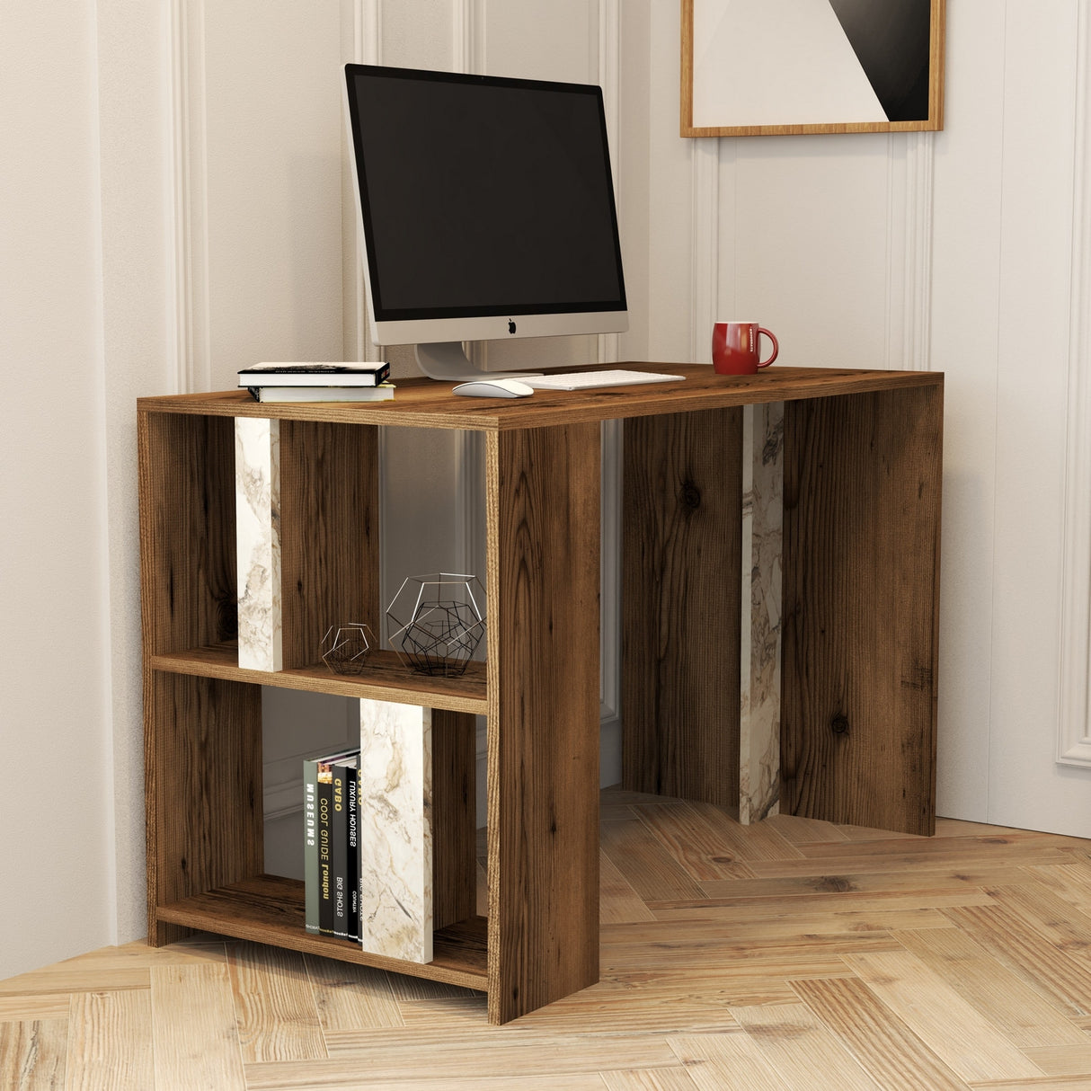 Birou Lima - Walnut, White Marble, Nuc - Alb, 120x60x75 cm