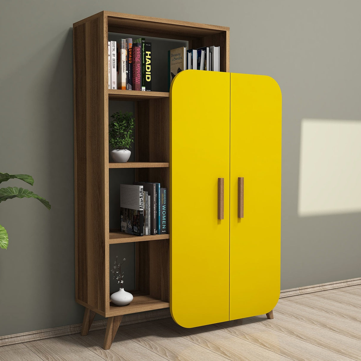 Bibliotecă Form, Nuc - Galben, 90x32x132 cm