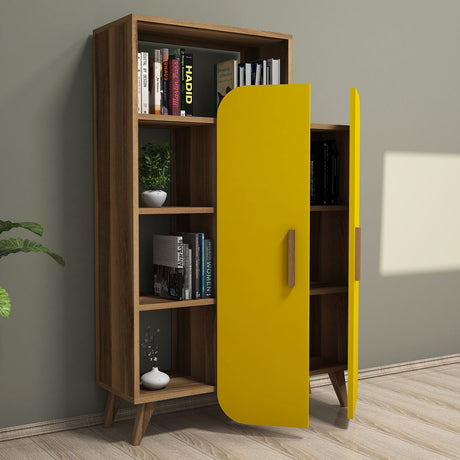 Bibliotecă Form, Nuc - Galben, 90x32x132 cm