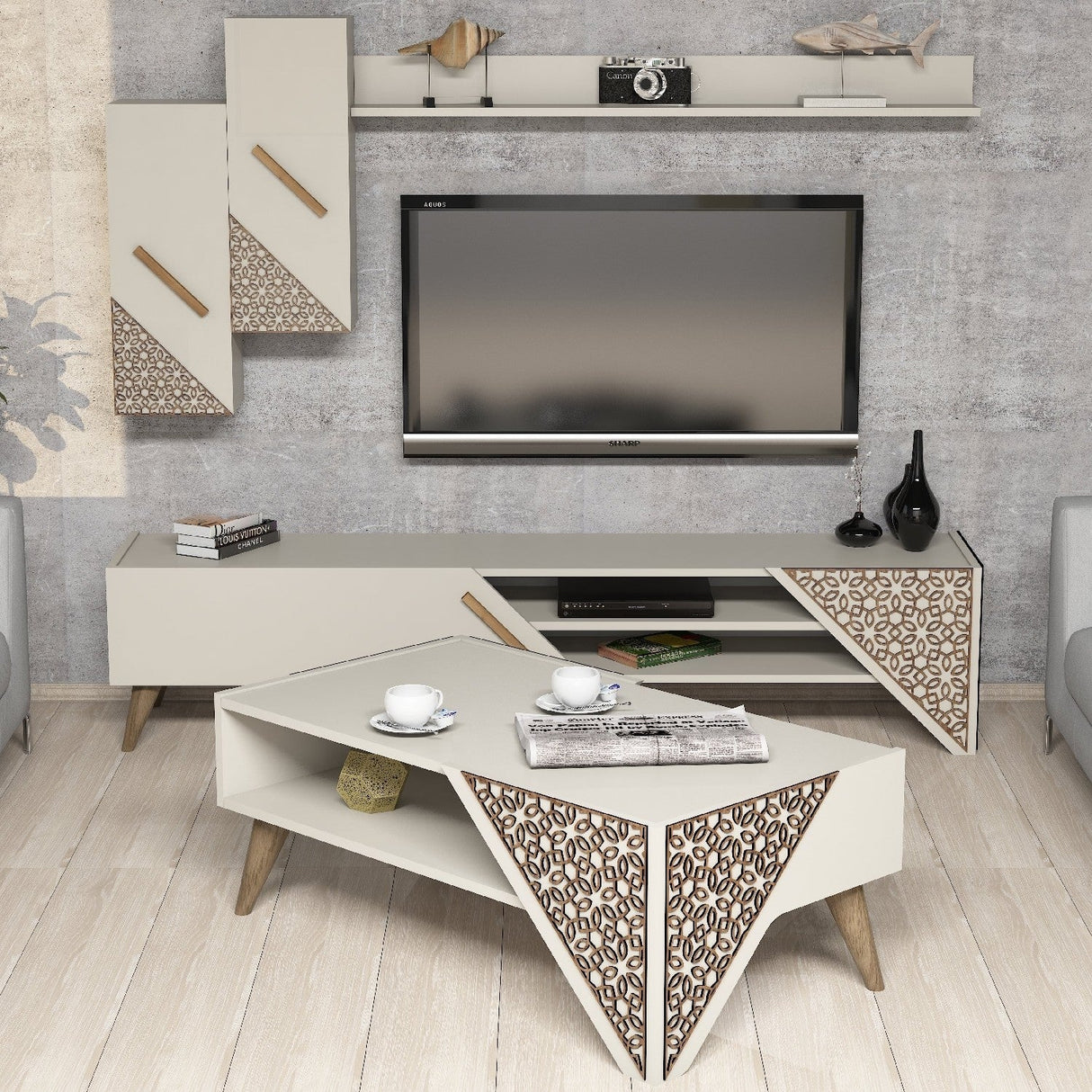 Set mobilă pentru sufragerie Beril, Diverse culori, 180x37x40 cm - Crem | SKU: 845HCT5203 | Set mobilă pentru sufragerie Beril, 180x37x40 cm, varianta Crem, produs pentru amenajarea locuinței, disponibil online în România la CasaMob
