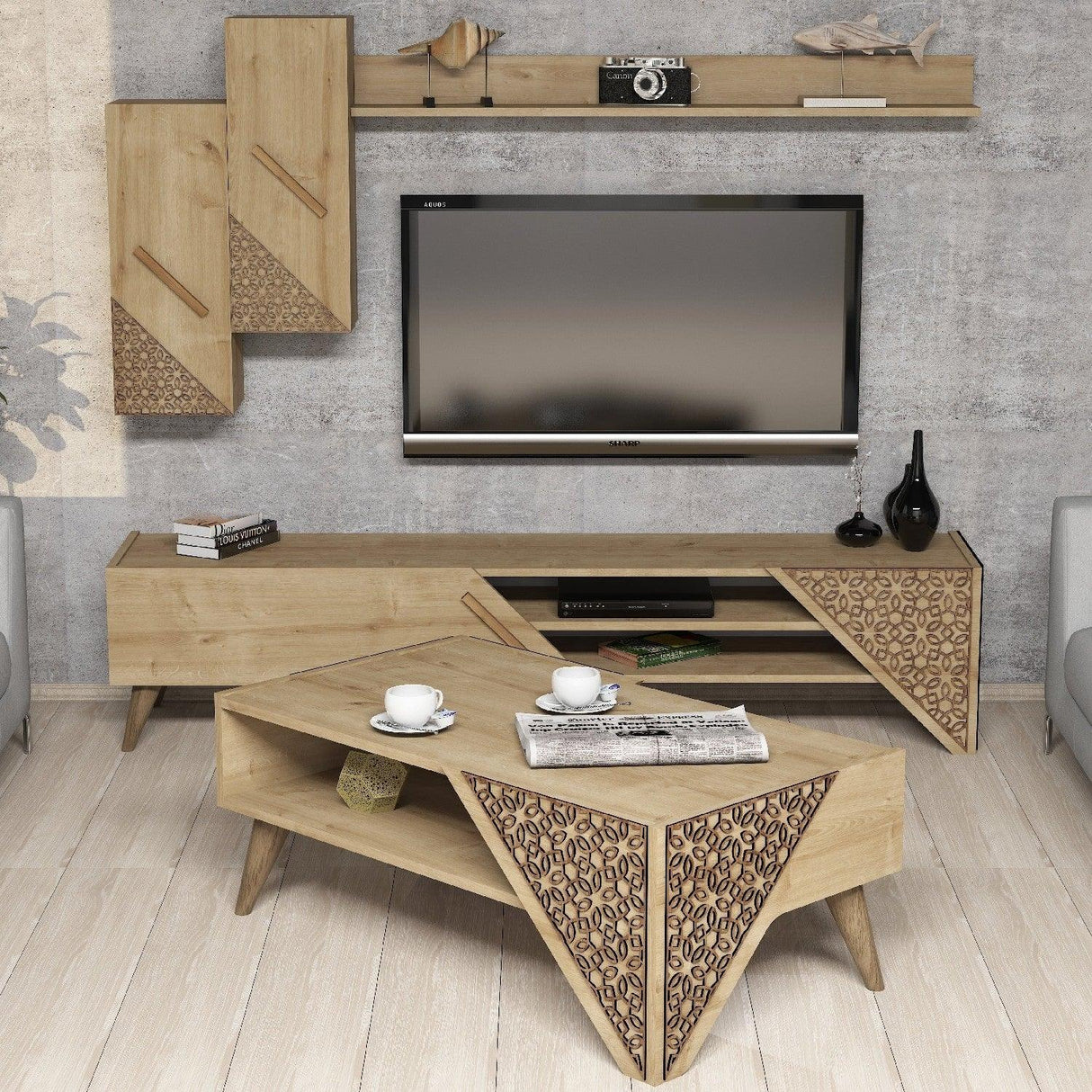Set mobilă pentru sufragerie Beril, Diverse culori, 180x37x40 cm - Stejar | SKU: 845HCT5204 | Set mobilă pentru sufragerie Beril, 180x37x40 cm, varianta Stejar, produs pentru amenajarea locuinței, disponibil online în România la CasaMob