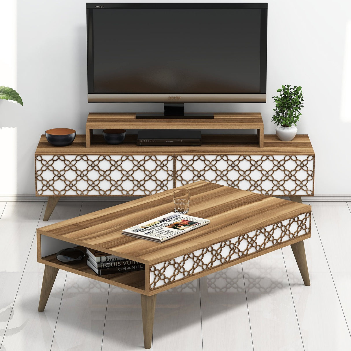 Set mobilă pentru sufragerie City, Diverse culori, 140x42x49 cm - Nuc - Alb | SKU: 845HCT5205 | Set mobilă pentru sufragerie City, 140x42x49 cm, varianta Nuc - Alb, produs pentru amenajarea locuinței, disponibil online în România la CasaMob