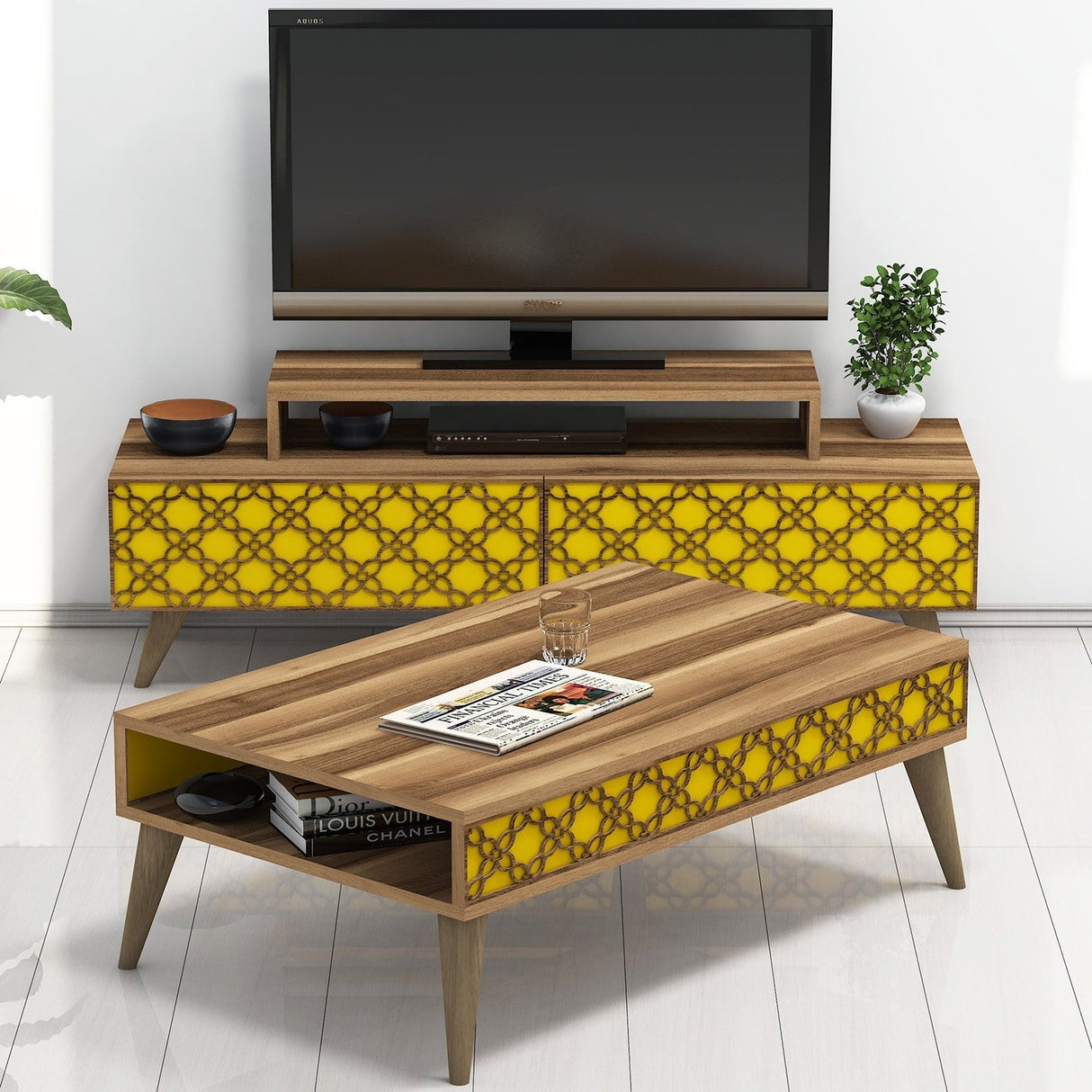 Set mobilă pentru sufragerie City, Diverse culori, 140x42x49 cm - Nuc - Galben | SKU: 845HCT5209 | Set mobilă pentru sufragerie City, 140x42x49 cm, varianta Nuc - Galben, produs pentru amenajarea locuinței, disponibil online în România la CasaMob