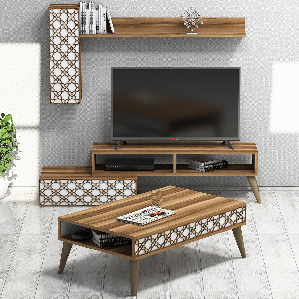 Set mobilă pentru sufragerie Planet, Diverse culori, 150x38x37 cm - Nuc - Alb | SKU: 845HCT5214 | Set mobilă pentru sufragerie Planet, 150x38x37 cm, varianta Nuc - Alb, produs pentru amenajarea locuinței, disponibil online în România la CasaMob