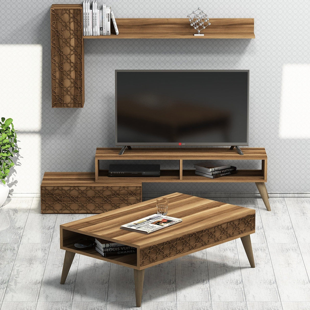 Set mobilă pentru sufragerie Planet, Diverse culori, 150x38x37 cm - Nuc | SKU: 845HCT5215 | Set mobilă pentru sufragerie Planet, 150x38x37 cm, varianta Nuc, produs pentru amenajarea locuinței, disponibil online în România la CasaMob