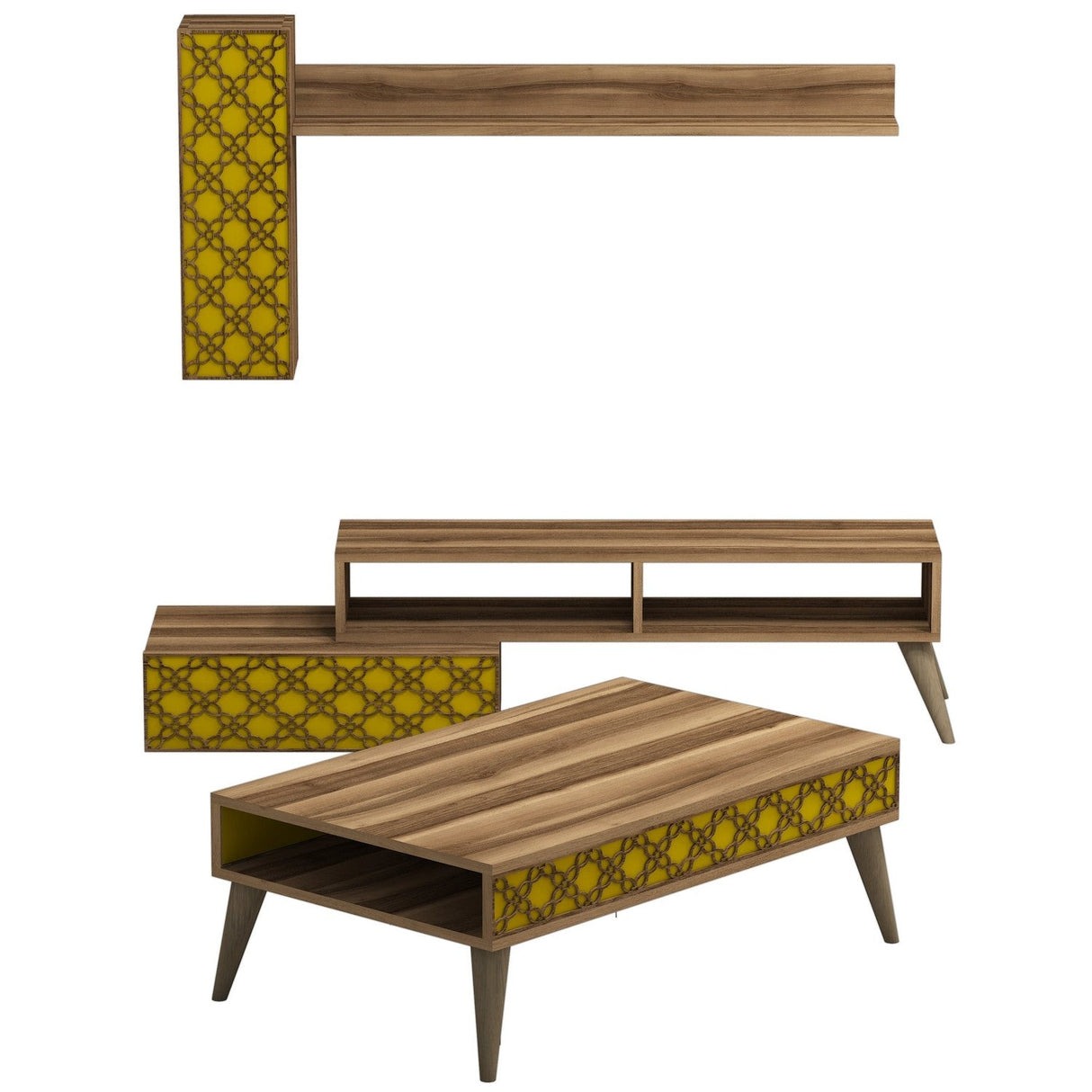 Set mobilă pentru sufragerie Planet, Diverse culori, 150x38x37 cm - Nuc - Galben | SKU: 845HCT5218 | Set mobilă pentru sufragerie Planet, 150x38x37 cm, varianta Nuc - Galben, produs pentru amenajarea locuinței, disponibil online în România la CasaMob
