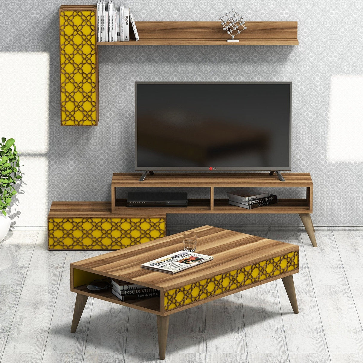 Set mobilă pentru sufragerie Planet, Diverse culori, 150x38x37 cm - Nuc - Galben | SKU: 845HCT5218 | Set mobilă pentru sufragerie Planet, 150x38x37 cm, varianta Nuc - Galben, produs pentru amenajarea locuinței, disponibil online în România la CasaMob