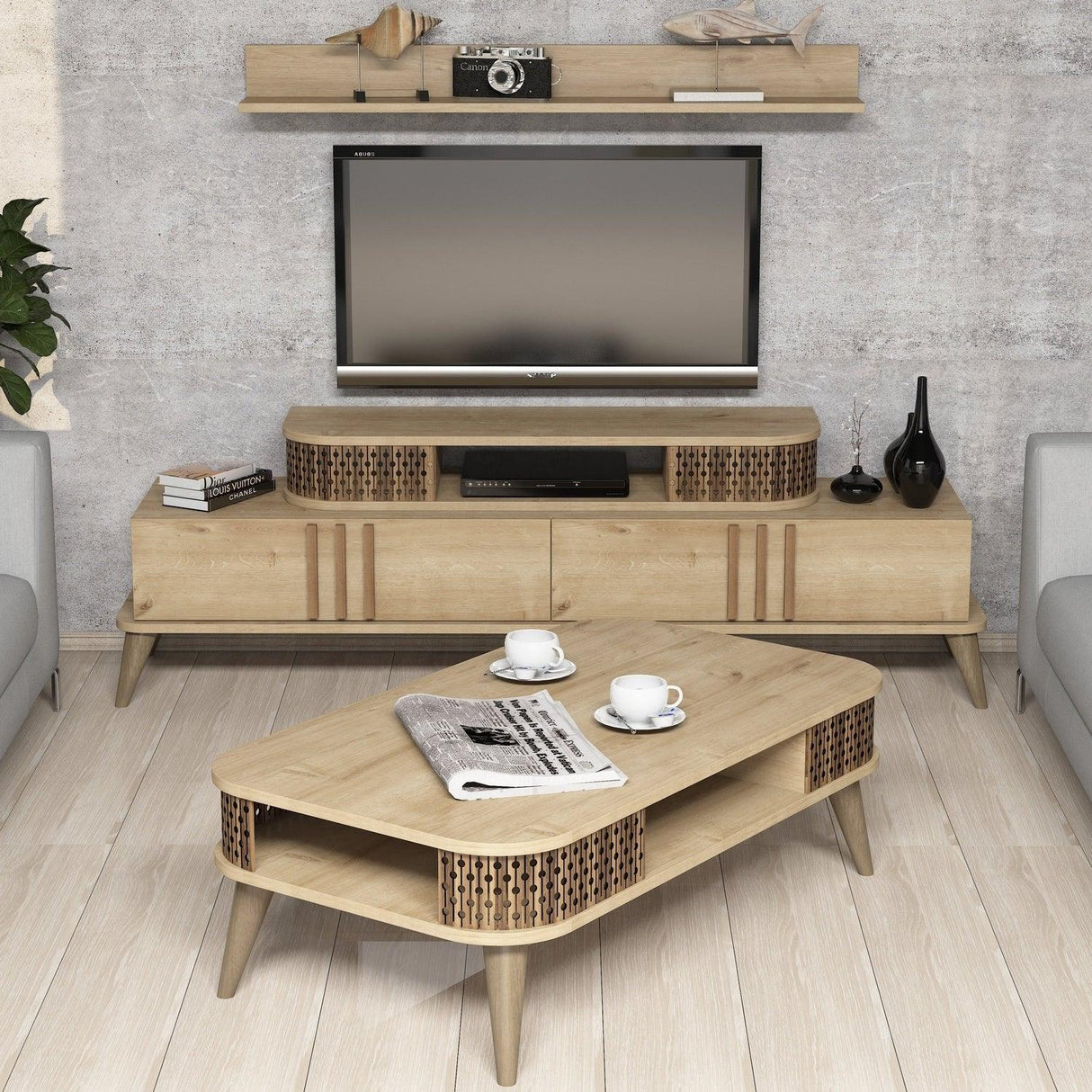 Set mobilă pentru sufragerie Eylül, Diverse culori, 168x39x52 cm - Stejar | SKU: 845HCT5222 | Set mobilă pentru sufragerie Eylül, 168x39x52 cm, varianta Stejar, produs pentru amenajarea locuinței, disponibil online în România la CasaMob