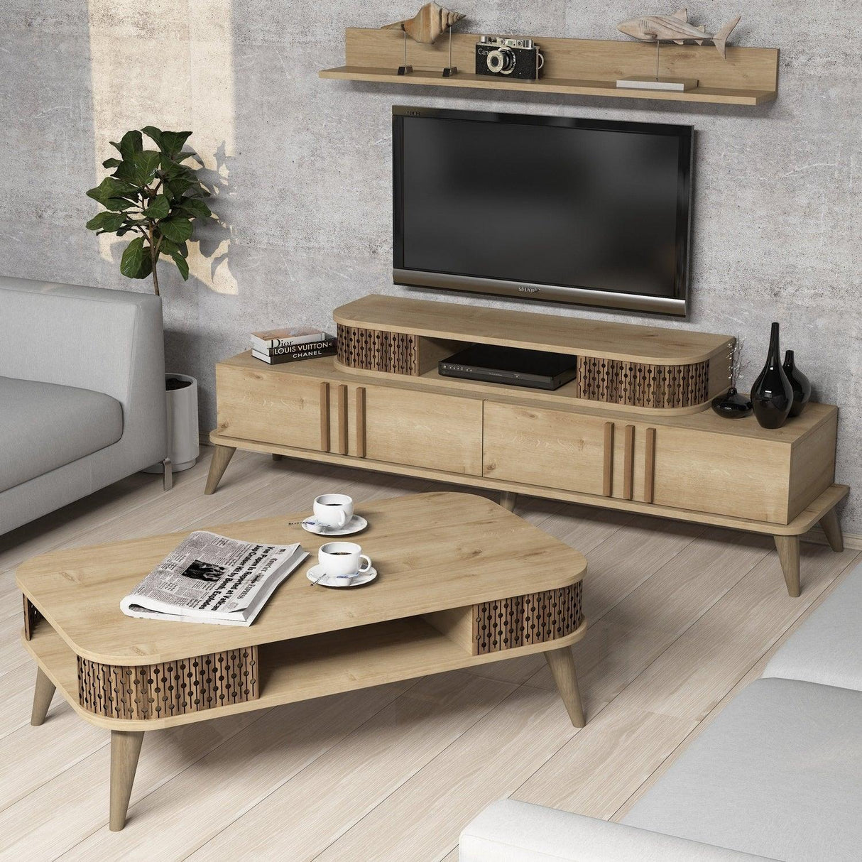 Set mobilă pentru sufragerie Eylül, Diverse culori, 168x39x52 cm - Stejar | SKU: 845HCT5222 | Set mobilă pentru sufragerie Eylül, 168x39x52 cm, varianta Stejar, produs pentru amenajarea locuinței, disponibil online în România la CasaMob