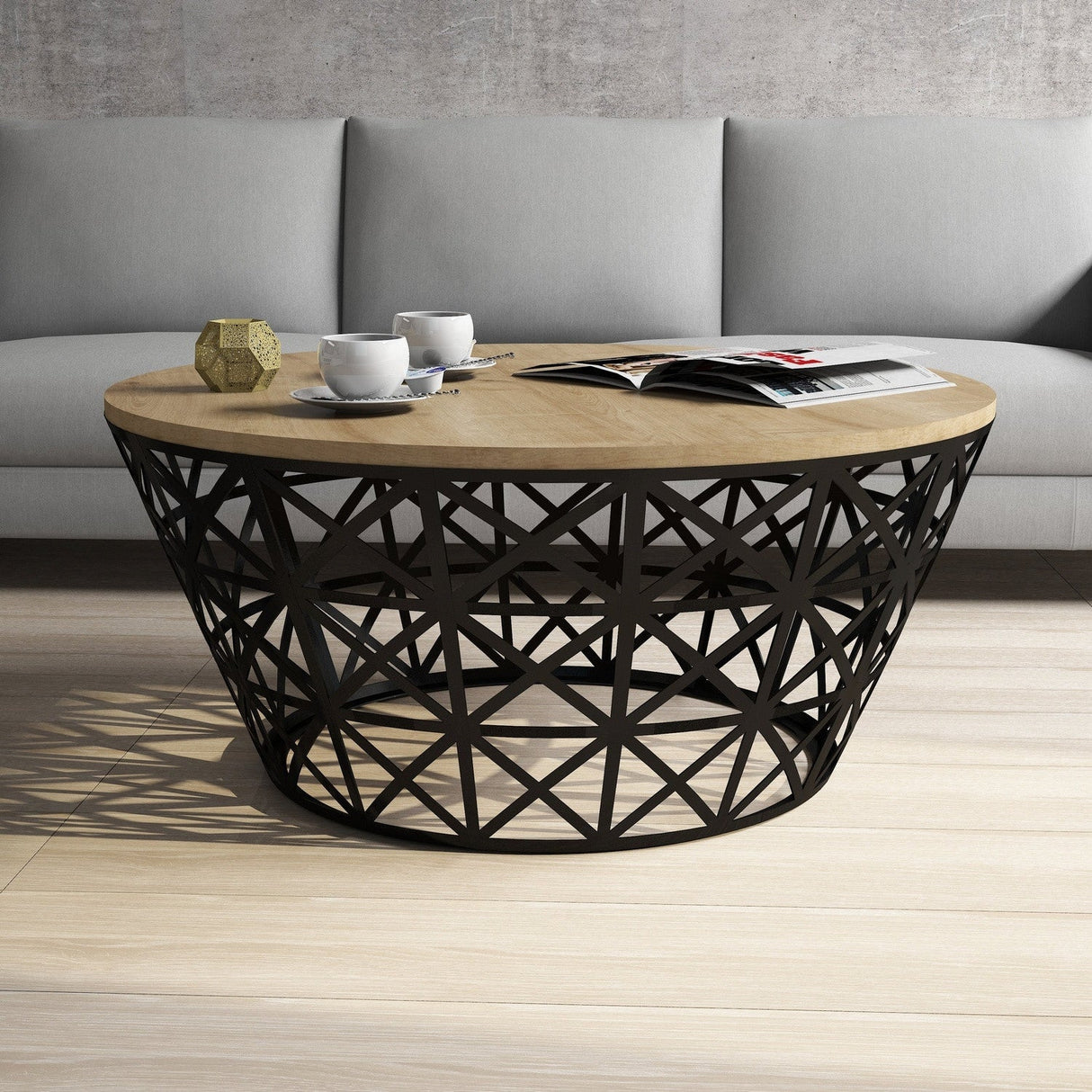 Măsuță de cafea Stil Metal Ferforje, Diverse culori, Diverse configurații, Diverse dimensiuni - Stejar - Negru - 90x90x38 cm - Standard | SKU: 845HCT5225 | Măsuță de cafea Stil Metal Ferforje, varianta Stejar - Negru - 90x90x38 cm - Standard, produs pentru amenajarea locuinței, disponibil online în România la CasaMob
