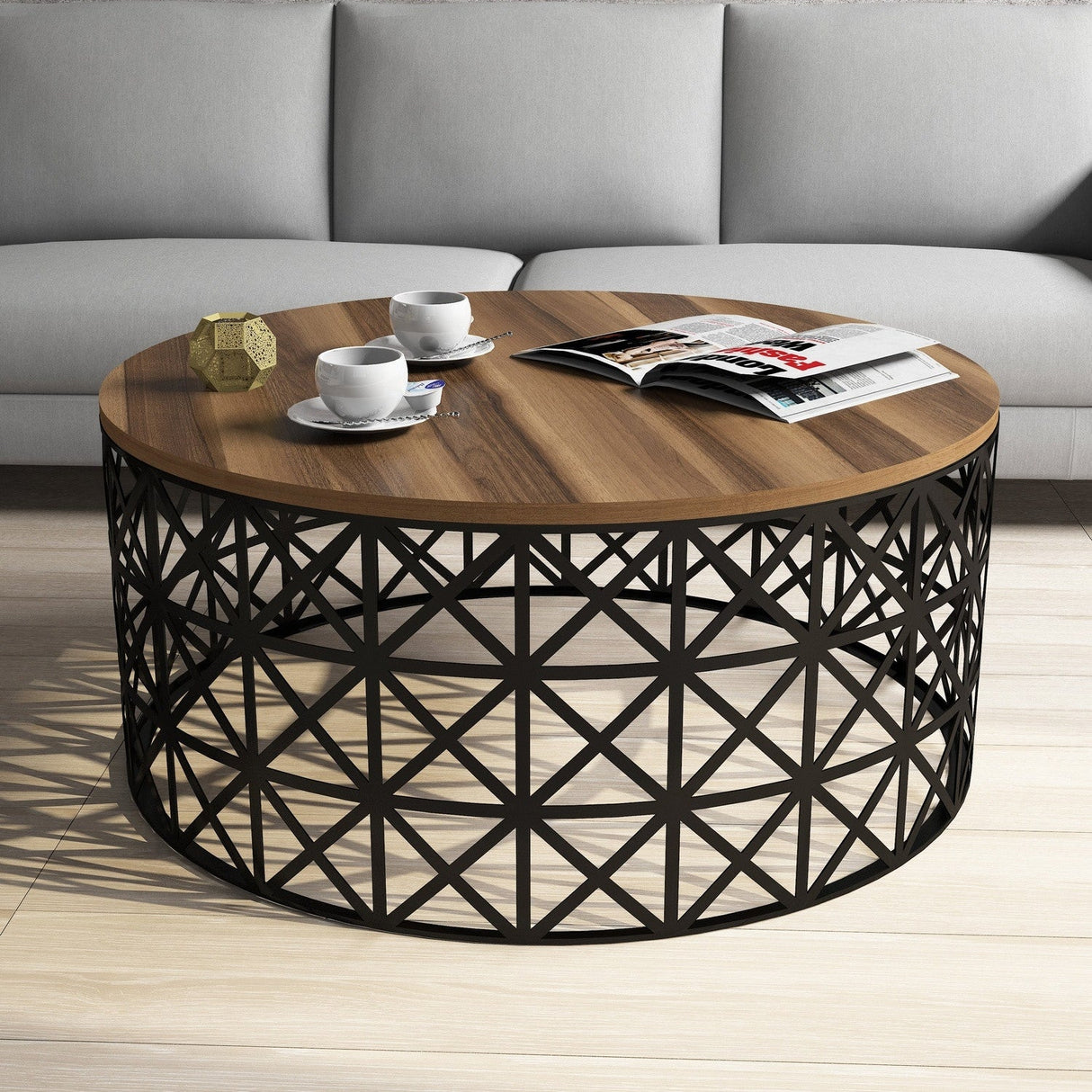 Măsuță de cafea Selin Metal Ferforje, Diverse culori, 90x38x90 cm - Nuc - Negru | SKU: 845HCT5227 | Măsuță de cafea Selin Metal Ferforje, 90x38x90 cm, varianta Nuc - Negru, produs pentru amenajarea locuinței, disponibil online în România la CasaMob