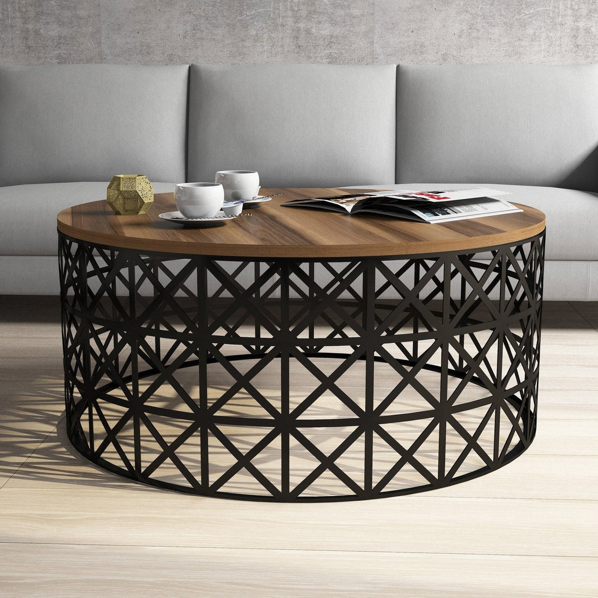 Măsuță de cafea Selin Metal Ferforje, Diverse culori, 90x38x90 cm - Nuc - Negru | SKU: 845HCT5227 | Măsuță de cafea Selin Metal Ferforje, 90x38x90 cm, varianta Nuc - Negru, produs pentru amenajarea locuinței, disponibil online în România la CasaMob