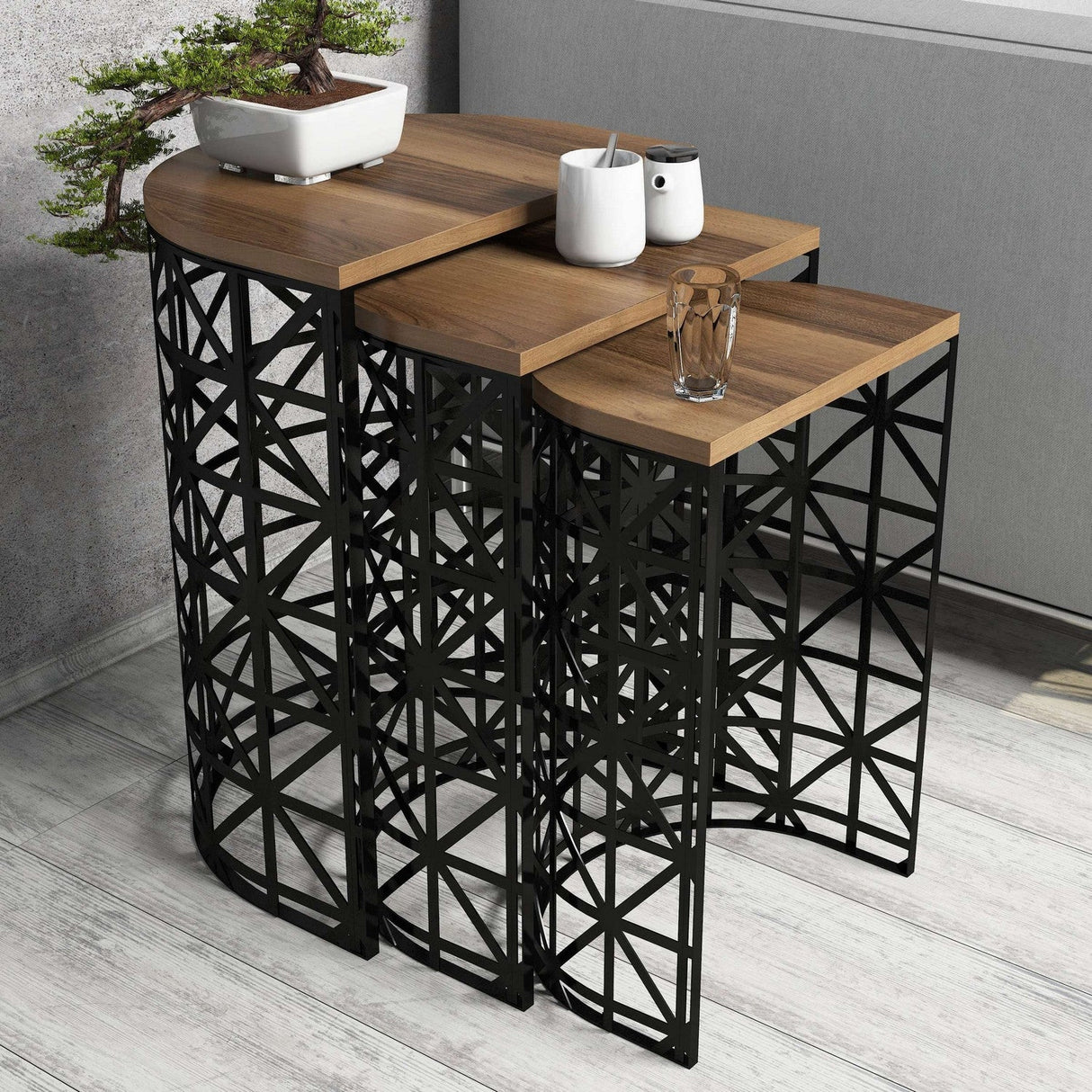 Măsuță de cafea Stil Metal Ferforje, Diverse culori, Diverse configurații, Diverse dimensiuni - Nuc - Negru - 46x33x62 cm - 3 bucăți | SKU: 845HCT5231 | Măsuță de cafea Stil Metal Ferforje, varianta Nuc - Negru - 46x33x62 cm - 3 bucăți, produs pentru amenajarea locuinței, disponibil online în România la CasaMob