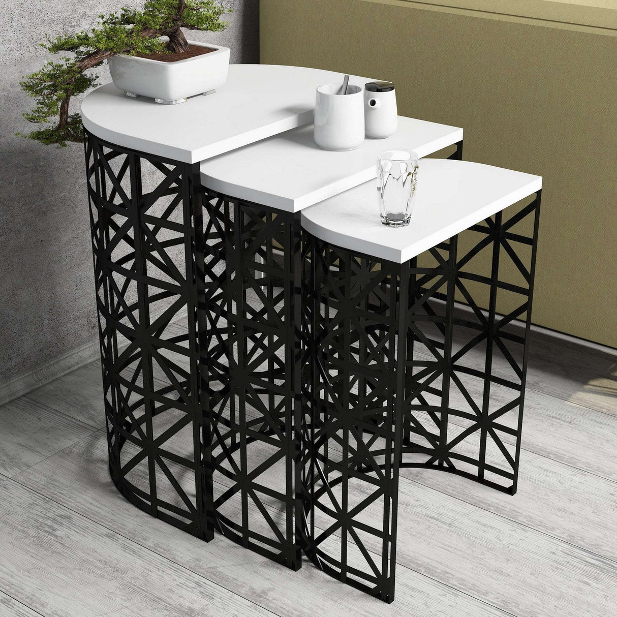 Măsuță de cafea Stil Metal Ferforje, Diverse culori, Diverse configurații, Diverse dimensiuni - Alb - Negru - 46x33x62 cm - 3 bucăți | SKU: 845HCT5232 | Măsuță de cafea Stil Metal Ferforje, varianta Alb - Negru - 46x33x62 cm - 3 bucăți, produs pentru amenajarea locuinței, disponibil online în România la CasaMob