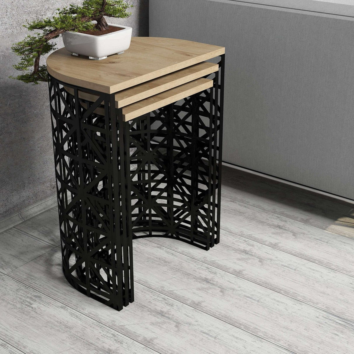 Măsuță de cafea Stil Metal Ferforje, Diverse culori, Diverse configurații, Diverse dimensiuni - Stejar - Negru - 46x33x62 cm - 3 bucăți | SKU: 845HCT5233 | Măsuță de cafea Stil Metal Ferforje, varianta Stejar - Negru - 46x33x62 cm - 3 bucăți, produs pentru amenajarea locuinței, disponibil online în România la CasaMob