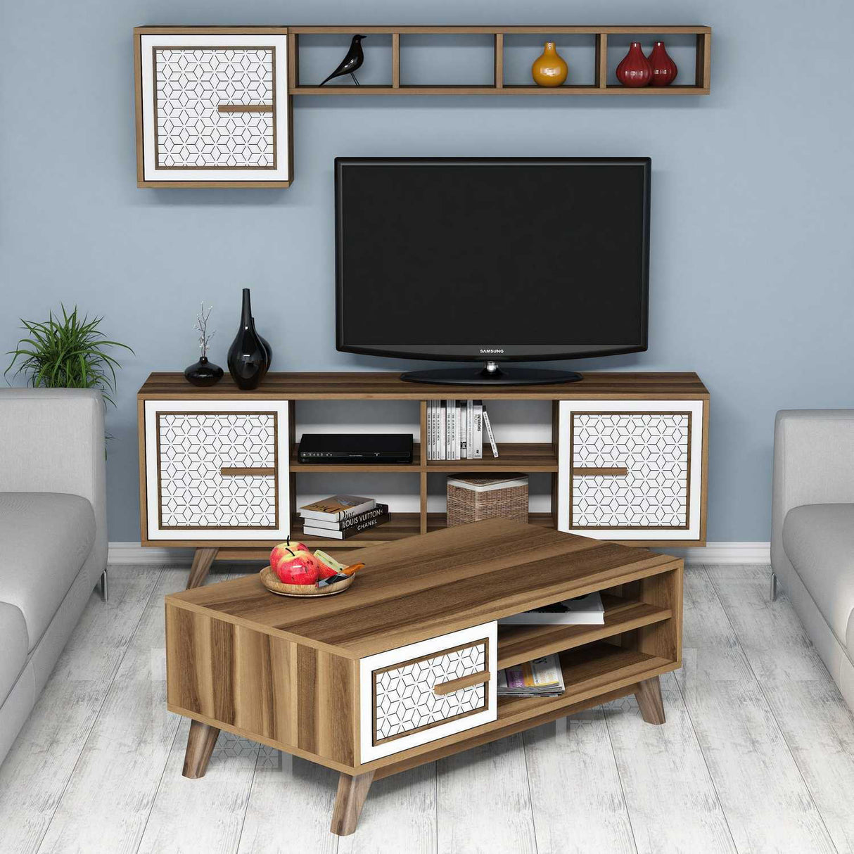 Set mobilă pentru sufragerie Ayla, Diverse culori, 160x35x56 cm - Nuc - Alb | SKU: 845HCT5236 | Set mobilă pentru sufragerie Ayla, 160x35x56 cm, varianta Nuc - Alb, produs pentru amenajarea locuinței, disponibil online în România la CasaMob