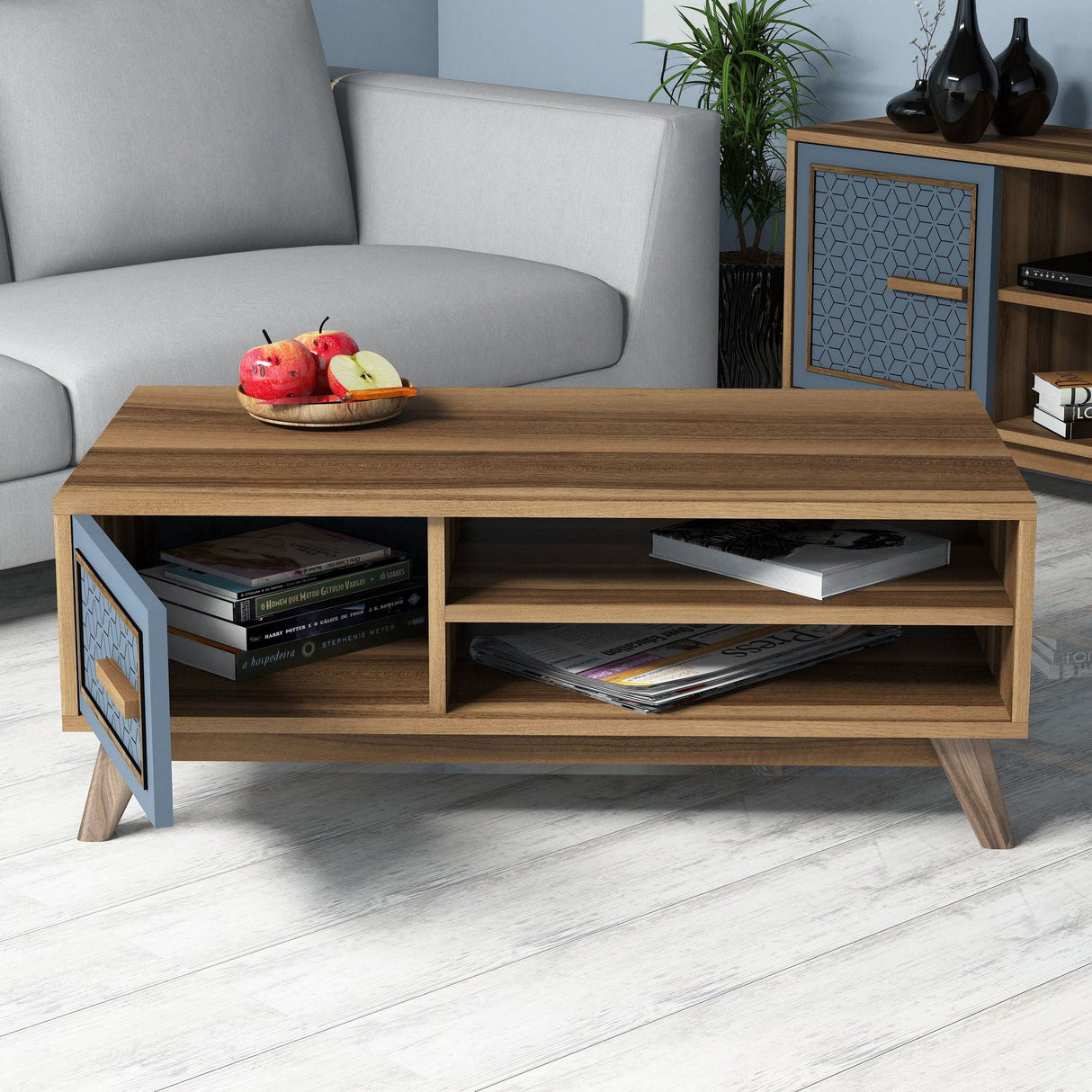 Set mobilă pentru sufragerie Ayla, Diverse culori, 160x35x56 cm - Nuc - Albastru | SKU: 845HCT5238 | Set mobilă pentru sufragerie Ayla, 160x35x56 cm, varianta Nuc - Albastru, produs pentru amenajarea locuinței, disponibil online în România la CasaMob