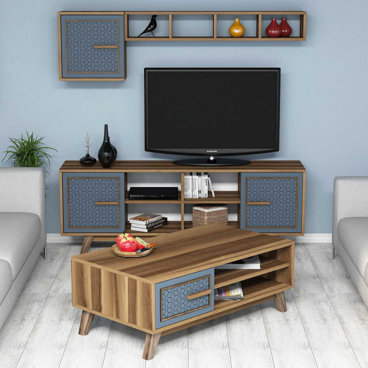Set mobilă pentru sufragerie Ayla, Diverse culori, 160x35x56 cm - Nuc - Albastru | SKU: 845HCT5238 | Set mobilă pentru sufragerie Ayla, 160x35x56 cm, varianta Nuc - Albastru, produs pentru amenajarea locuinței, disponibil online în România la CasaMob