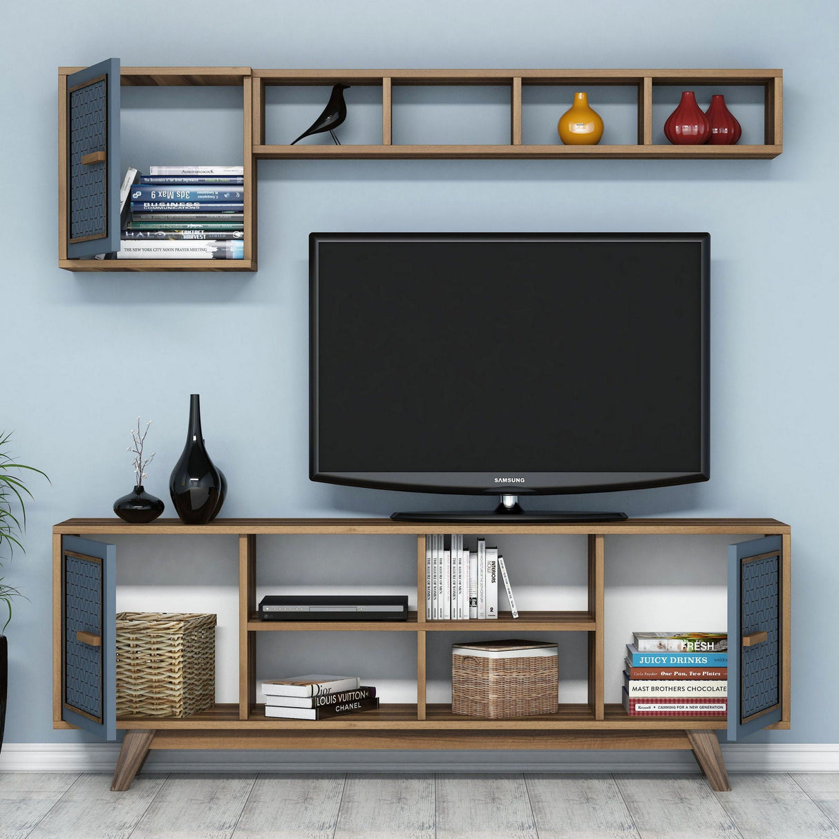 Set mobilă pentru sufragerie Ayla, Diverse culori, 160x35x56 cm - Nuc - Albastru | SKU: 845HCT5238 | Set mobilă pentru sufragerie Ayla, 160x35x56 cm, varianta Nuc - Albastru, produs pentru amenajarea locuinței, disponibil online în România la CasaMob