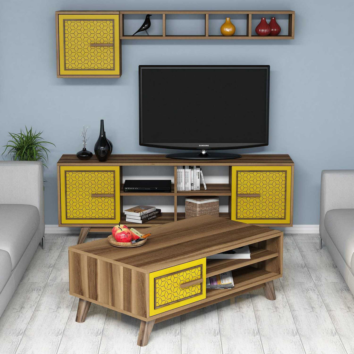 Set mobilă pentru sufragerie Ayla, Diverse culori, 160x35x56 cm - Nuc - Galben | SKU: 845HCT5240 | Set mobilă pentru sufragerie Ayla, 160x35x56 cm, varianta Nuc - Galben, produs pentru amenajarea locuinței, disponibil online în România la CasaMob