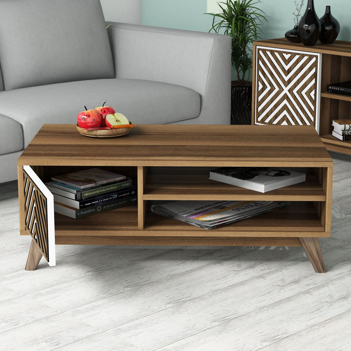 Set mobilă pentru sufragerie Inci, Diverse culori, 160x35x56 cm - Nuc - Alb | SKU: 845HCT5241 | Set mobilă pentru sufragerie Inci, 160x35x56 cm, varianta Nuc - Alb, produs pentru amenajarea locuinței, disponibil online în România la CasaMob
