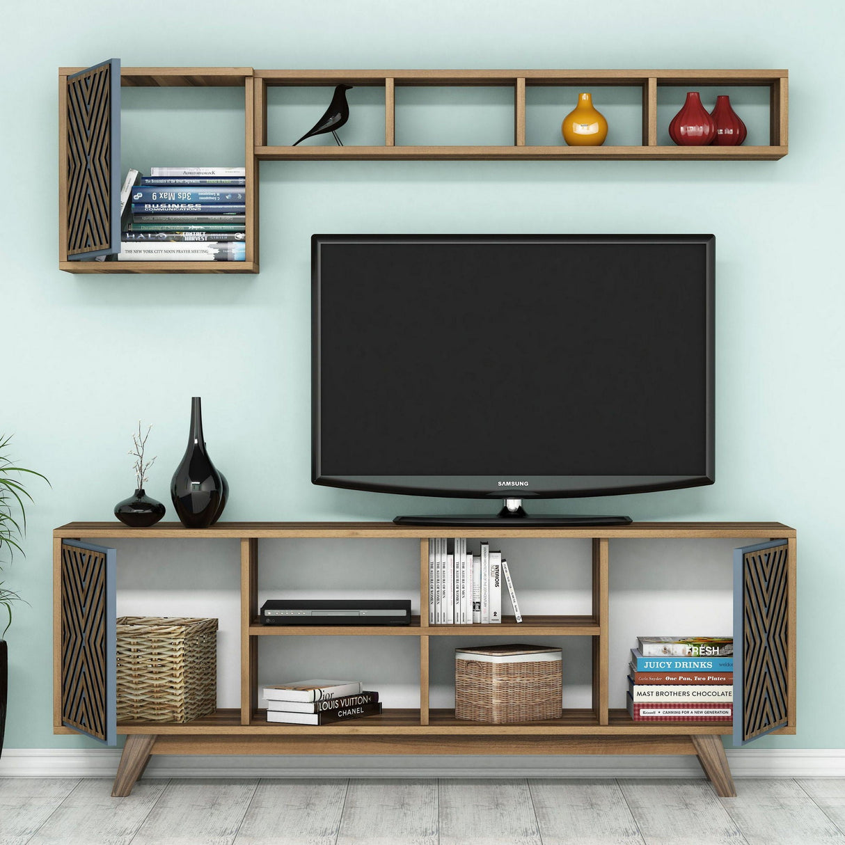 Set mobilă pentru sufragerie Inci, Diverse culori, 160x35x56 cm - Nuc - Albastru | SKU: 845HCT5243 | Set mobilă pentru sufragerie Inci, 160x35x56 cm, varianta Nuc - Albastru, produs pentru amenajarea locuinței, disponibil online în România la CasaMob