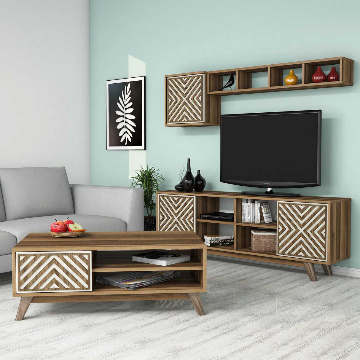 Set mobilă pentru sufragerie Inci, Diverse culori, 160x35x56 cm - Nuc - Crem | SKU: 845HCT5244 | Set mobilă pentru sufragerie Inci, 160x35x56 cm, varianta Nuc - Crem, produs pentru amenajarea locuinței, disponibil online în România la CasaMob