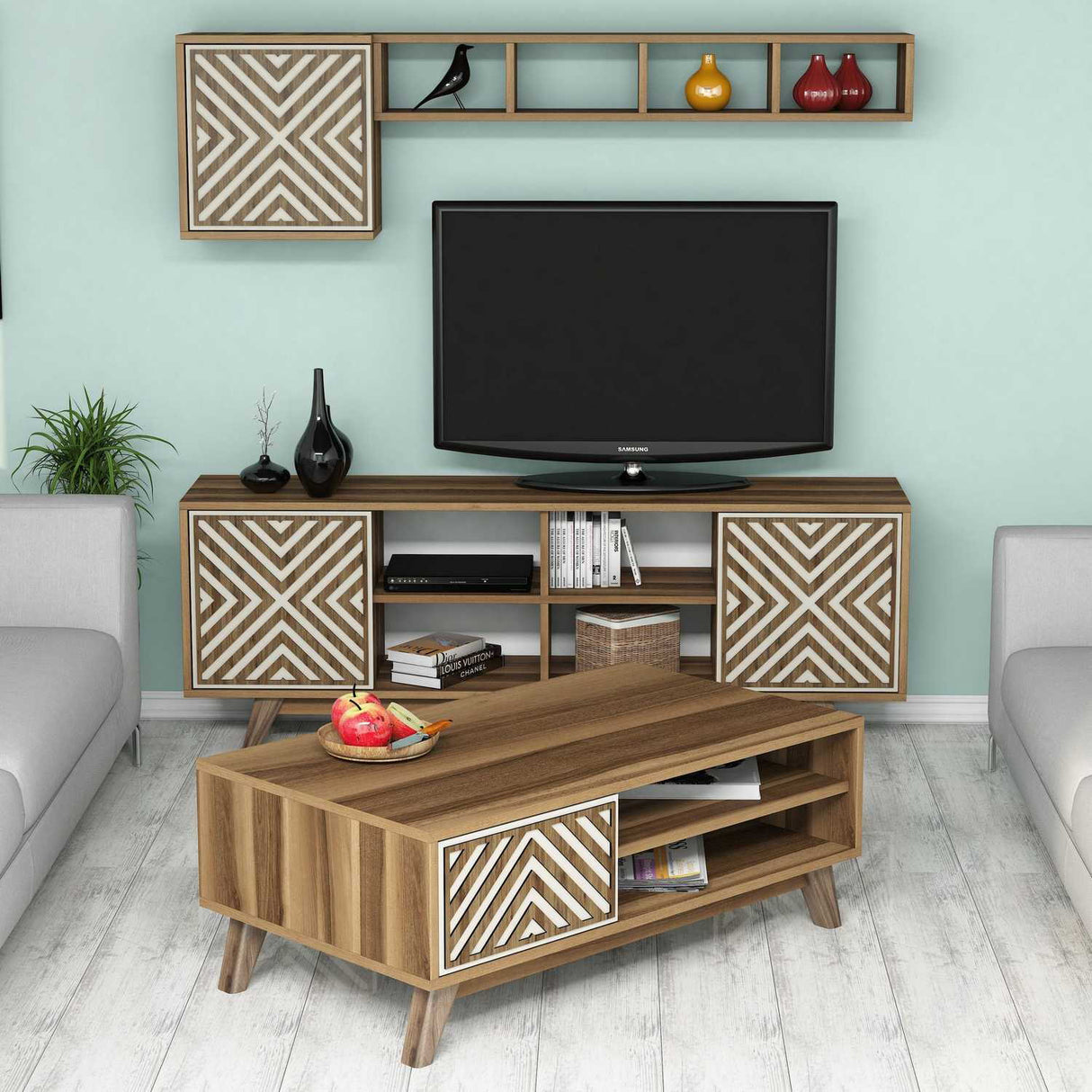 Set mobilă pentru sufragerie Inci, Diverse culori, 160x35x56 cm - Nuc - Crem | SKU: 845HCT5244 | Set mobilă pentru sufragerie Inci, 160x35x56 cm, varianta Nuc - Crem, produs pentru amenajarea locuinței, disponibil online în România la CasaMob