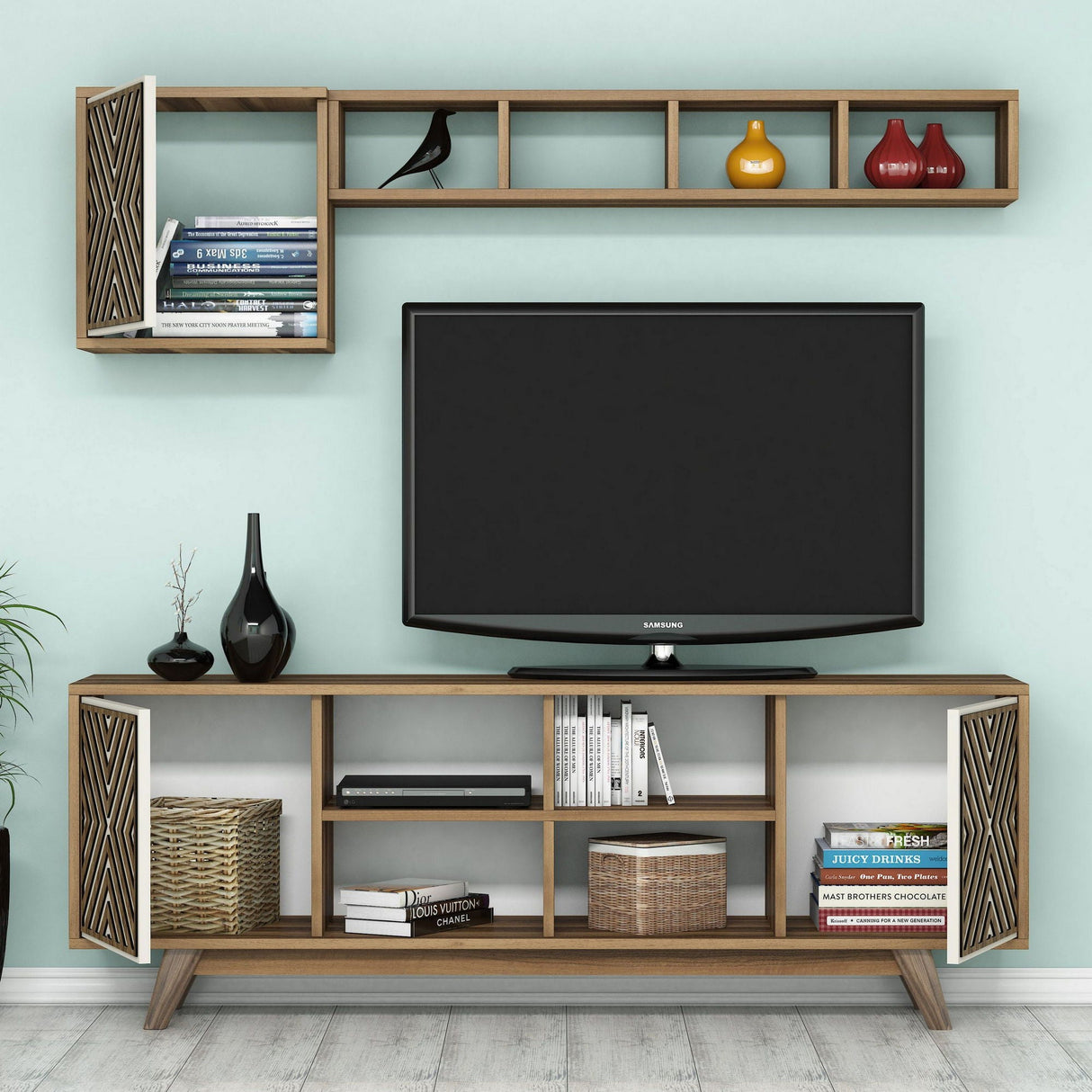 Set mobilă pentru sufragerie Inci, Diverse culori, 160x35x56 cm - Nuc - Crem | SKU: 845HCT5244 | Set mobilă pentru sufragerie Inci, 160x35x56 cm, varianta Nuc - Crem, produs pentru amenajarea locuinței, disponibil online în România la CasaMob