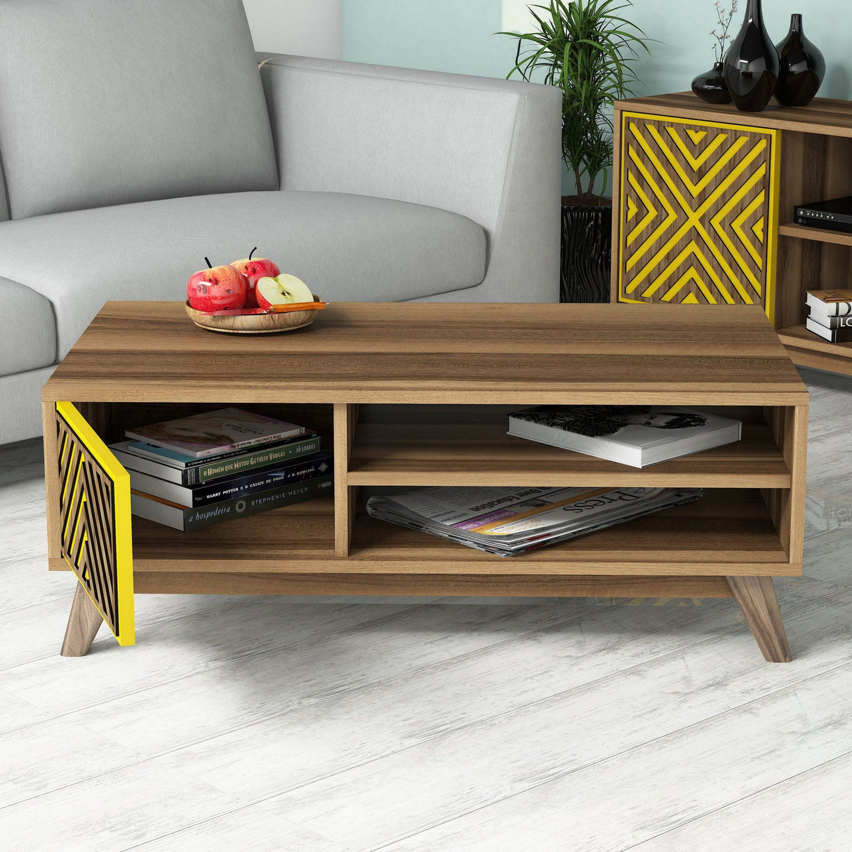 Set mobilă pentru sufragerie Inci, Diverse culori, 160x35x56 cm - Nuc - Galben | SKU: 845HCT5245 | Set mobilă pentru sufragerie Inci, 160x35x56 cm, varianta Nuc - Galben, produs pentru amenajarea locuinței, disponibil online în România la CasaMob