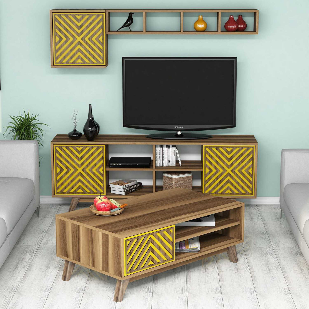 Set mobilă pentru sufragerie Inci, Diverse culori, 160x35x56 cm - Nuc - Galben | SKU: 845HCT5245 | Set mobilă pentru sufragerie Inci, 160x35x56 cm, varianta Nuc - Galben, produs pentru amenajarea locuinței, disponibil online în România la CasaMob