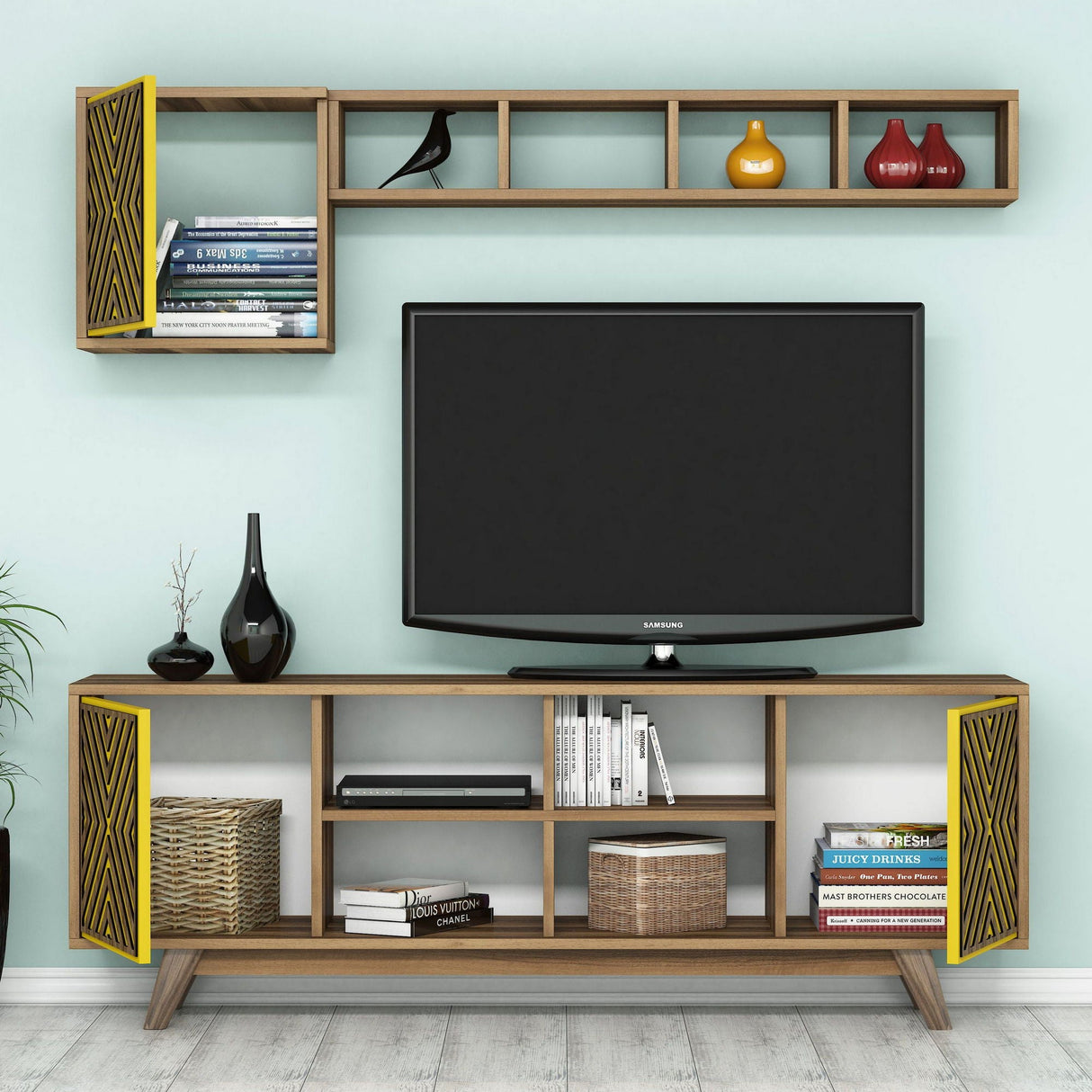 Set mobilă pentru sufragerie Inci, Diverse culori, 160x35x56 cm - Nuc - Galben | SKU: 845HCT5245 | Set mobilă pentru sufragerie Inci, 160x35x56 cm, varianta Nuc - Galben, produs pentru amenajarea locuinței, disponibil online în România la CasaMob