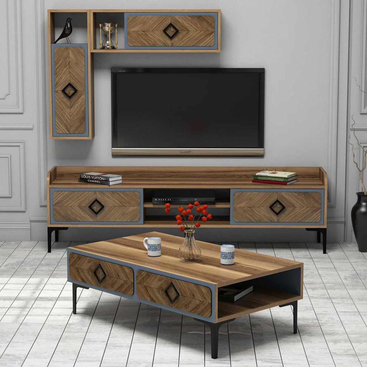 Set mobilă pentru sufragerie Samba, Diverse culori, 180x35x52 cm - Nuc - Albastru | SKU: 845HCT5247 | Set mobilă pentru sufragerie Samba, 180x35x52 cm, varianta Nuc - Albastru, produs pentru amenajarea locuinței, disponibil online în România la CasaMob