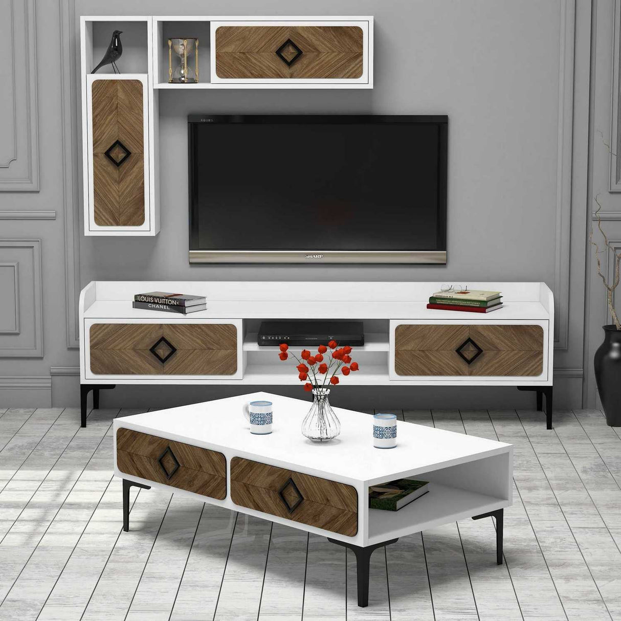 Set mobilă pentru sufragerie Samba, Diverse culori, 180x35x52 cm - Alb - Nuc | SKU: 845HCT5249 | Set mobilă pentru sufragerie Samba, 180x35x52 cm, varianta Alb - Nuc, produs pentru amenajarea locuinței, disponibil online în România la CasaMob