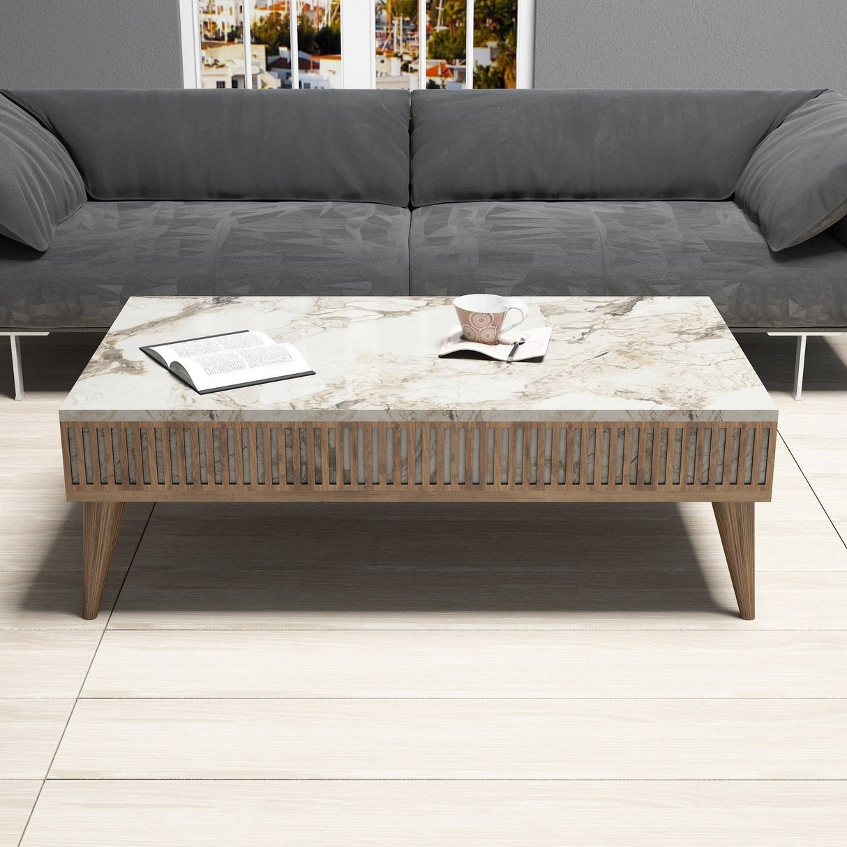 Set mobilă pentru sufragerie Milan - Walnut, White Marble, Nuc - Alb, 180x35x40 cm