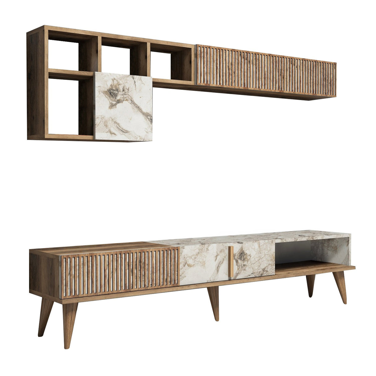 Set mobilă pentru sufragerie Milan - Walnut, White Marble, Nuc - Alb, 180x35x40 cm