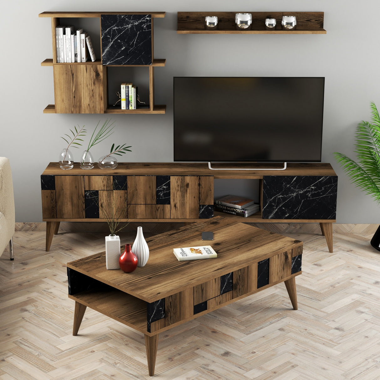 Set mobilă pentru sufragerie Madrid, Diverse culori, 180x34x49 cm - Nuc - Negru | SKU: 845HCT5262 | Set mobilă pentru sufragerie Madrid, 180x34x49 cm, varianta Nuc - Negru, produs pentru amenajarea locuinței, disponibil online în România la CasaMob