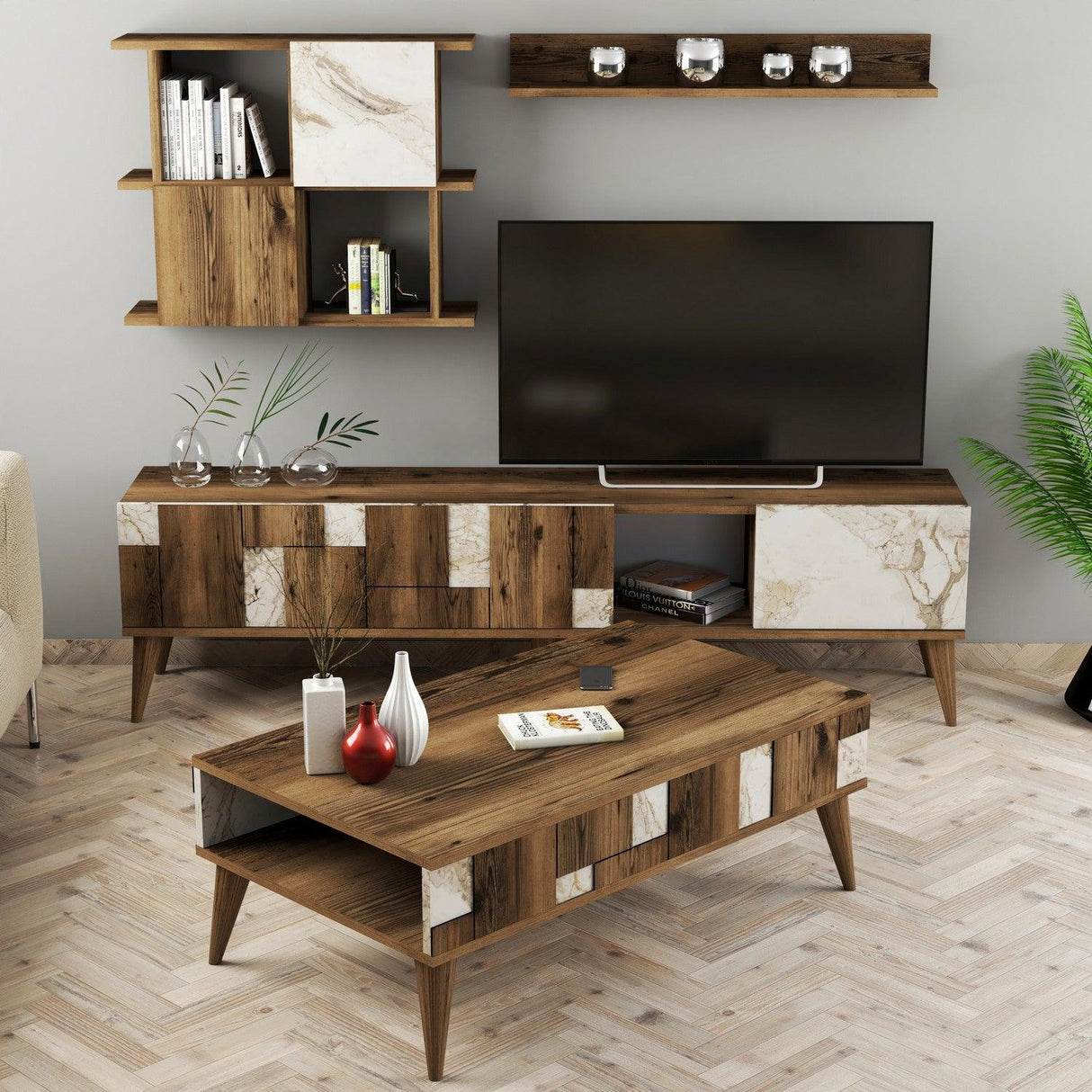 Set mobilă pentru sufragerie Madrid, Diverse culori, 180x34x49 cm - Alb - Nuc | SKU: 845HCT5263 | Set mobilă pentru sufragerie Madrid, 180x34x49 cm, varianta Alb - Nuc, produs pentru amenajarea locuinței, disponibil online în România la CasaMob