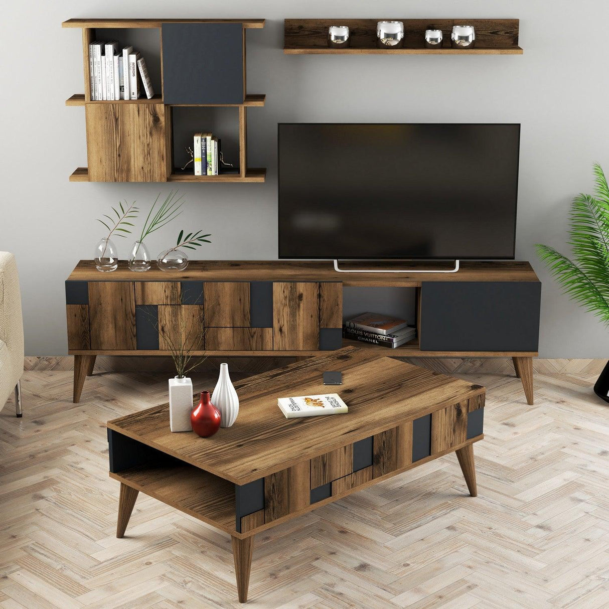 Set mobilă pentru sufragerie Madrid, Diverse culori, 180x34x49 cm - Nuc - Antracit | SKU: 845HCT5264 | Set mobilă pentru sufragerie Madrid, 180x34x49 cm, varianta Nuc - Antracit, produs pentru amenajarea locuinței, disponibil online în România la CasaMob