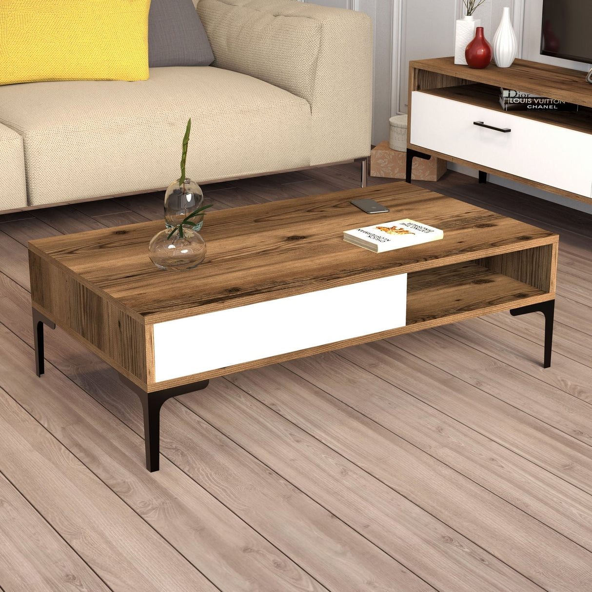 Măsuță de cafea Istanbul, Diverse culori, 105x60x33 cm - Nuc - Alb | SKU: 845HCT5266 | Măsuță de cafea Istanbul, 105x60x33 cm, varianta Nuc - Alb, produs pentru amenajarea locuinței, disponibil online în România la CasaMob