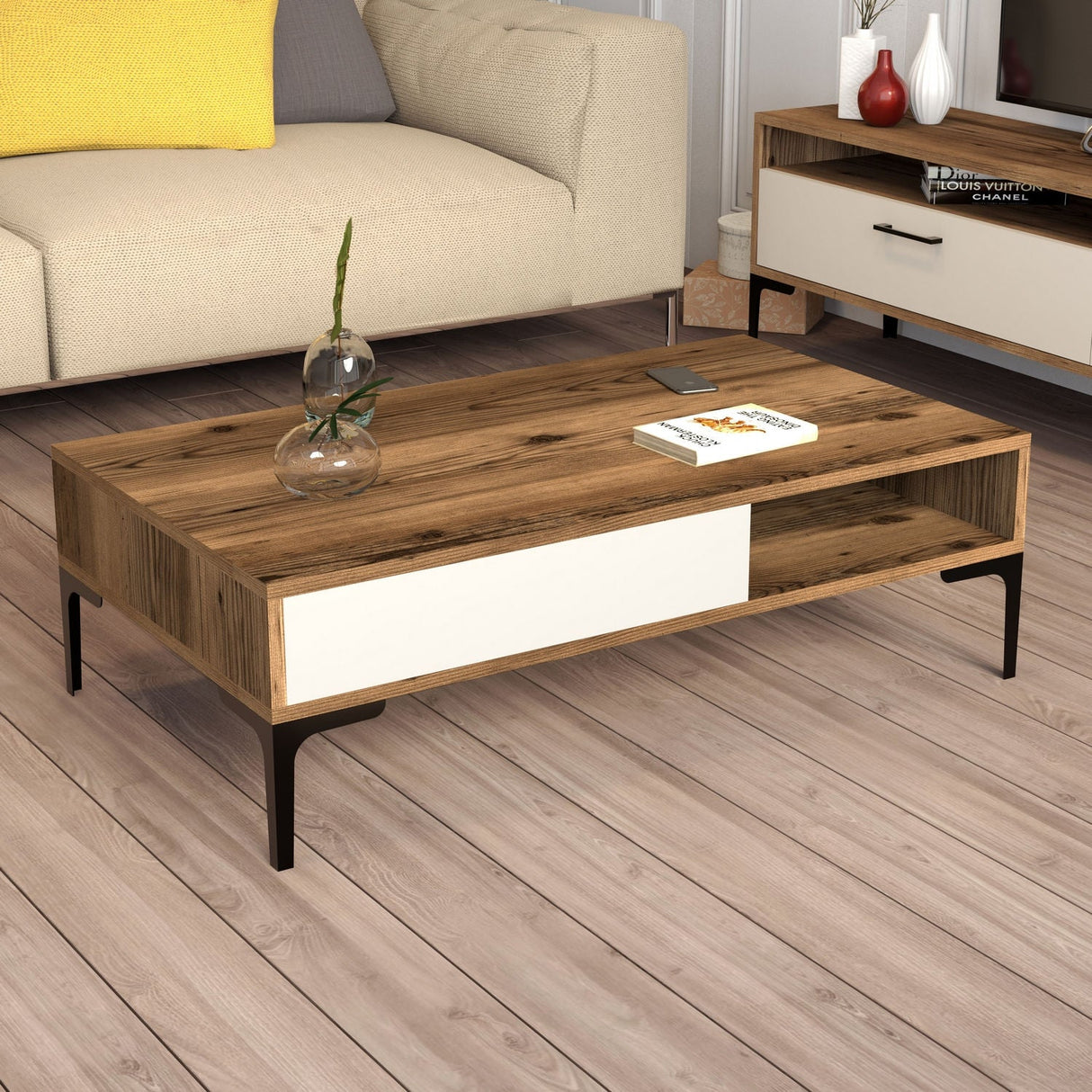 Măsuță de cafea Istanbul, Diverse culori, 105x60x33 cm - Nuc - Crem | SKU: 845HCT5269 | Măsuță de cafea Istanbul, 105x60x33 cm, varianta Nuc - Crem, produs pentru amenajarea locuinței, disponibil online în România la CasaMob
