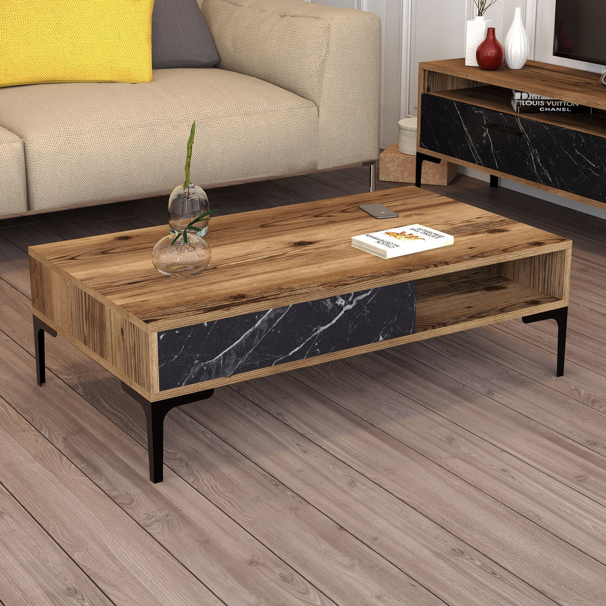 Măsuță de cafea Istanbul - Walnut, Black Marble, Nuc - Negru, 105x60x33 cm